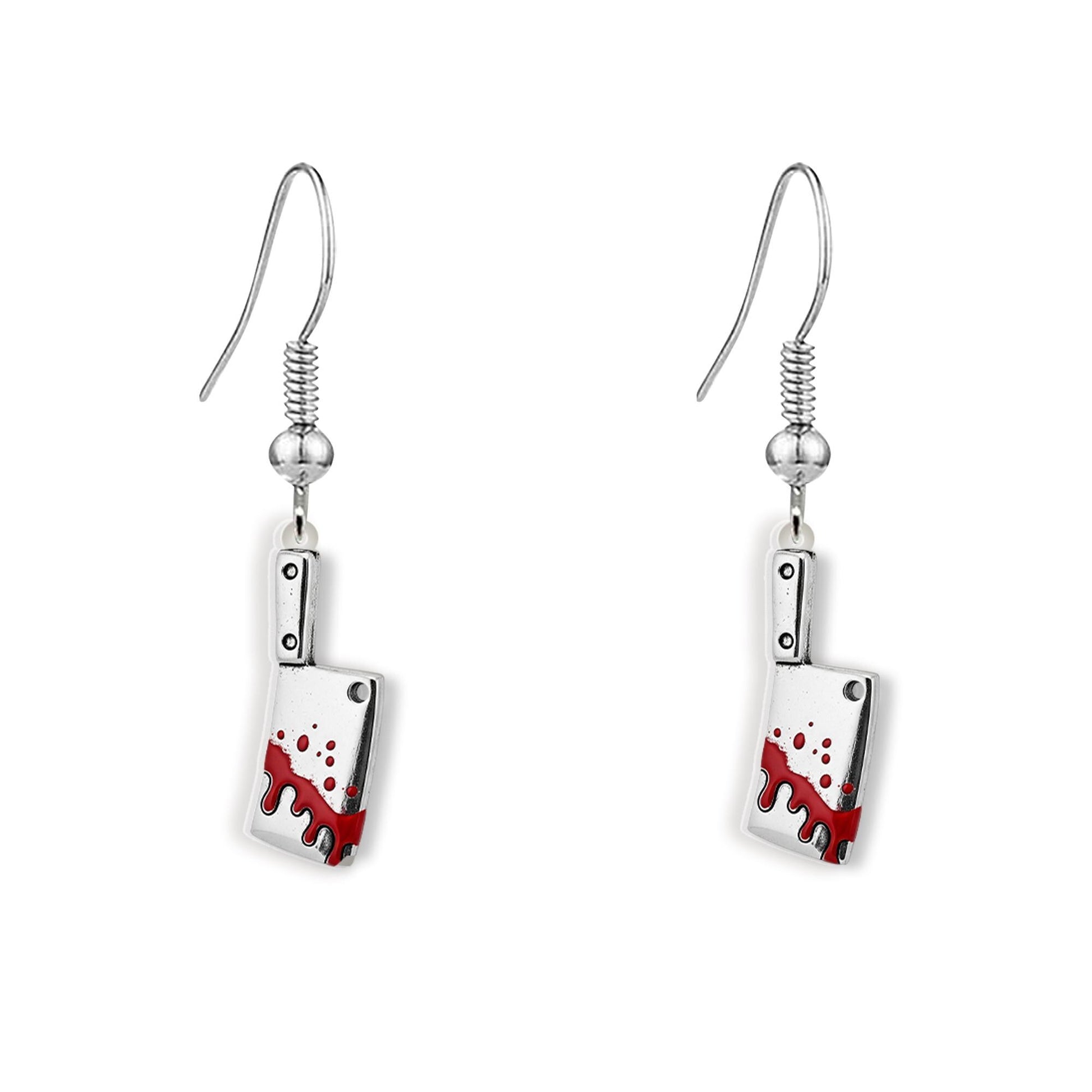 Acrylic Bloody Cleaver Earrings, Horror Knife Jewelry for Adults, Gothic Halloween Dangles, Red Splatter Drop Earrings