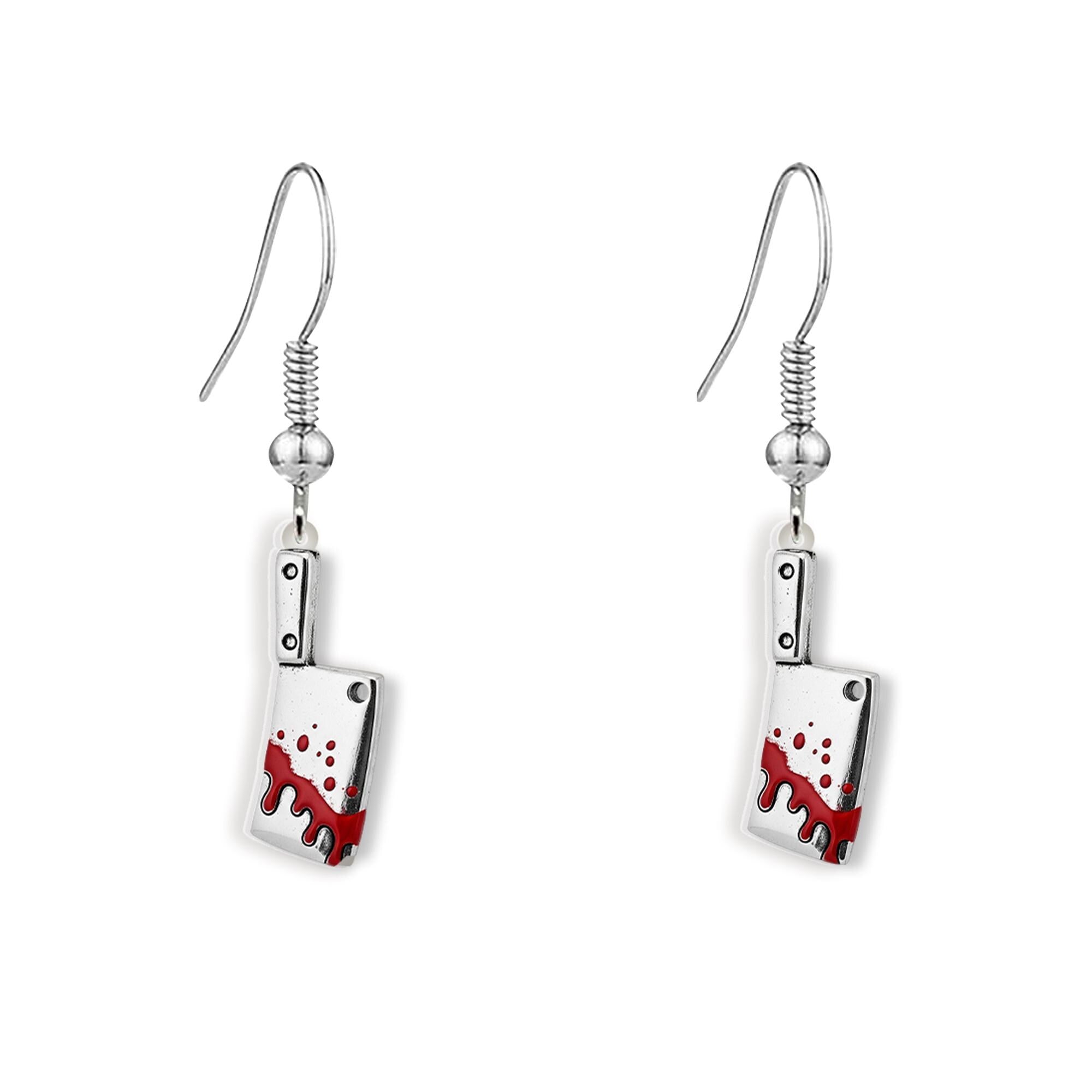 Acrylic Bloody Cleaver Earrings, Horror Knife Jewelry for Adults, Gothic Halloween Dangles, Red Splatter Drop Earrings
