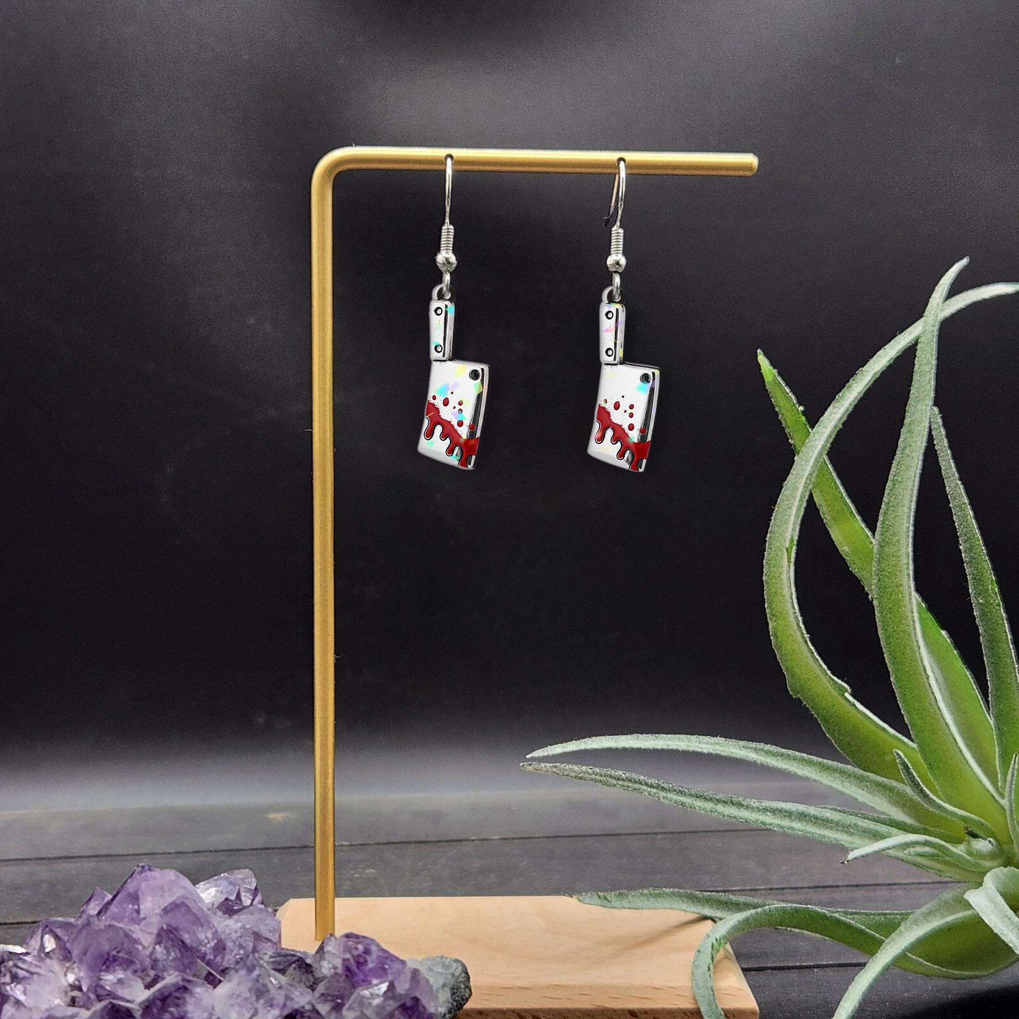Acrylic Bloody Cleaver Earrings, Horror Knife Jewelry for Adults, Gothic Halloween Dangles, Red Splatter Drop Earrings