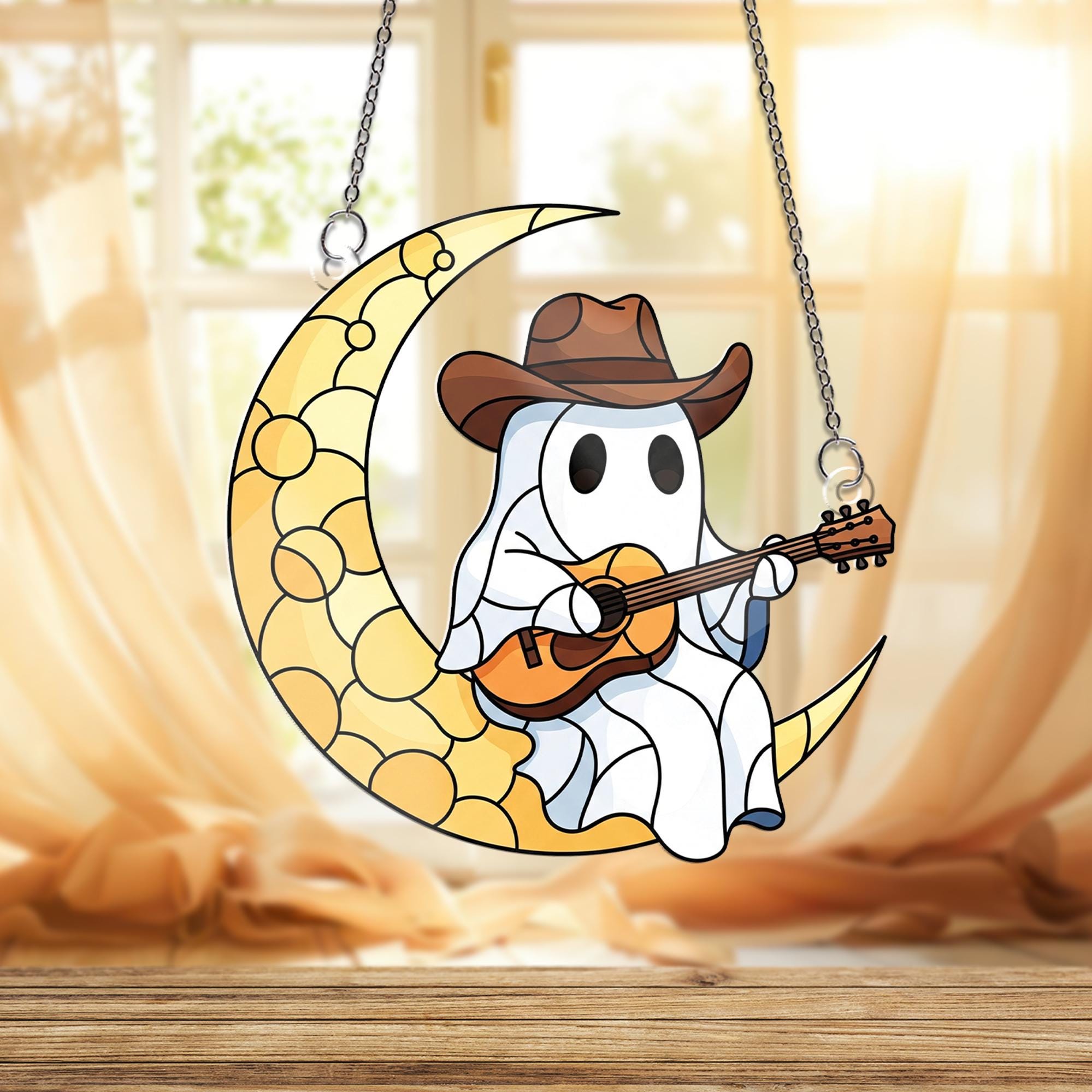 Cowboy Ghost Window Hanging – Country Music Moon Decor, Western Guitar Ghost Suncatcher, Halloween Country Home Decoration