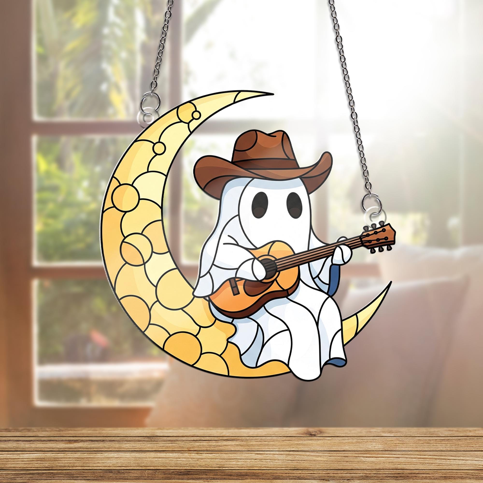 Cowboy Ghost Window Hanging – Country Music Moon Decor, Western Guitar Ghost Suncatcher, Halloween Country Home Decoration