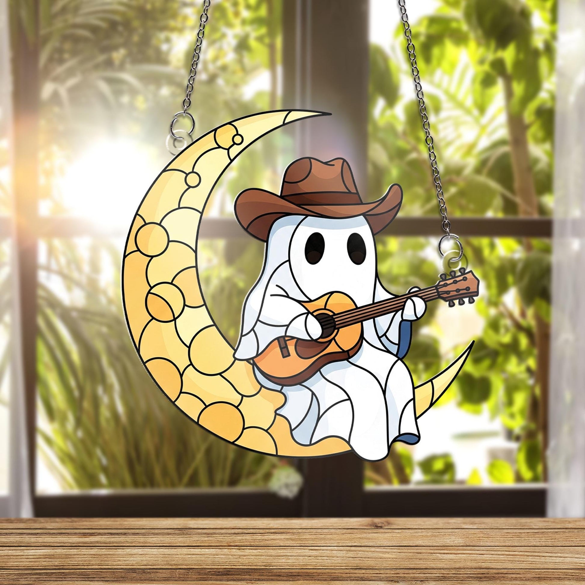 Cowboy Ghost Window Hanging – Country Music Moon Decor, Western Guitar Ghost Suncatcher, Halloween Country Home Decoration