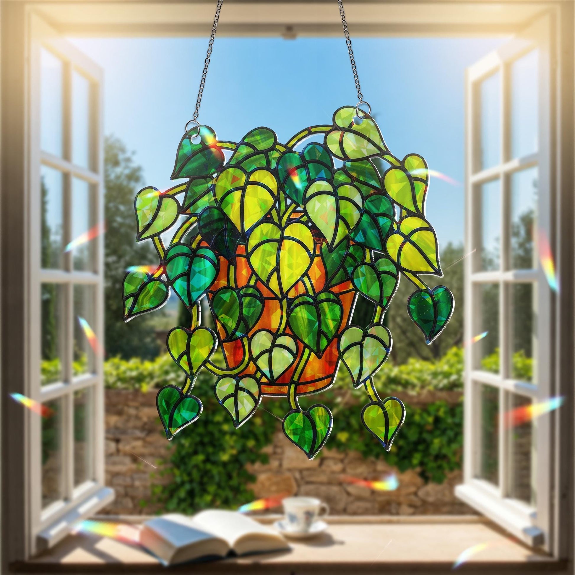 Pothos Plant Hologram Ornament - Heart Leaf Vine Window Decor for Plant Lovers, Botanical Theme Home Art Decor for Indoor Garden Lovers