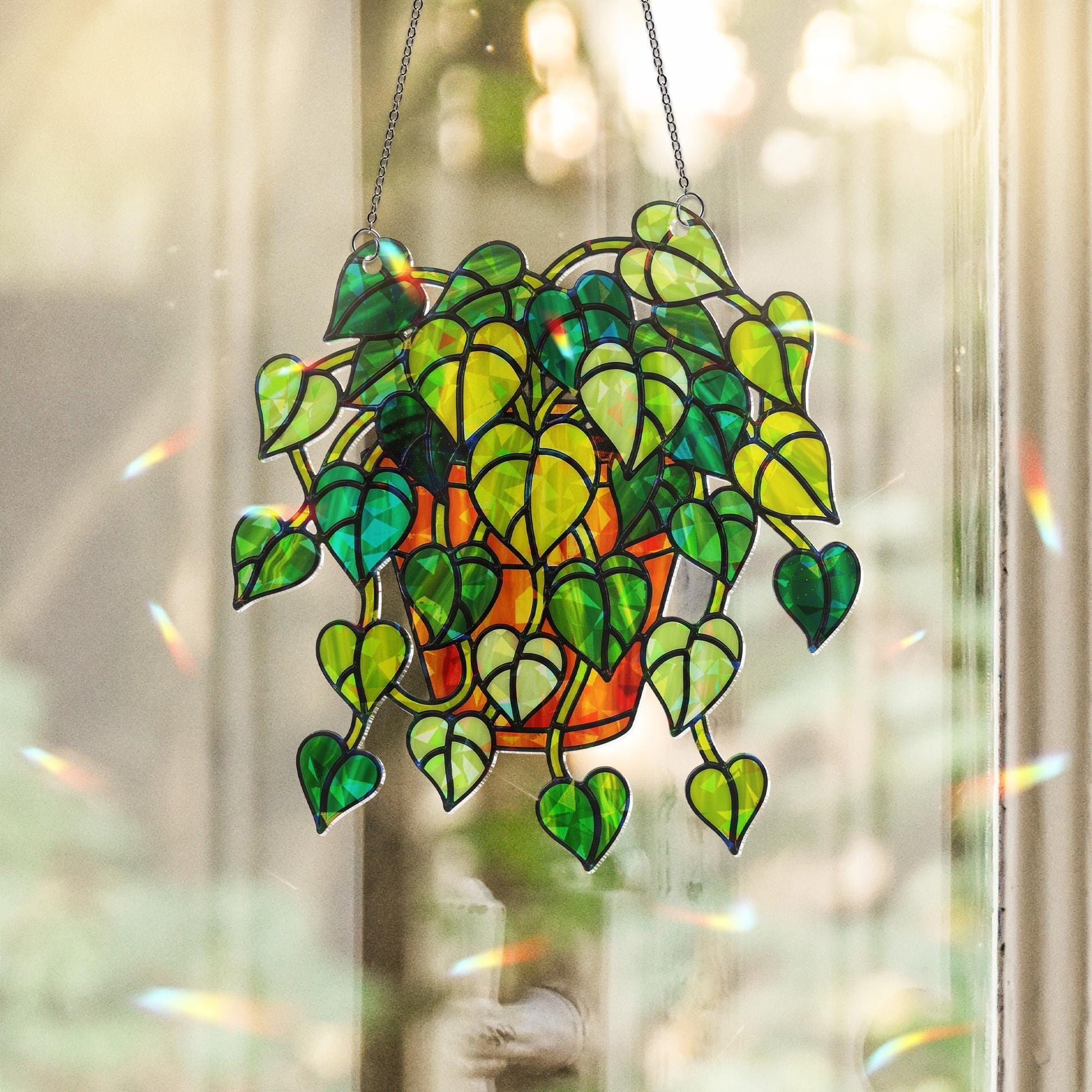 Pothos Plant Hologram Ornament - Heart Leaf Vine Window Decor for Plant Lovers, Botanical Theme Home Art Decor for Indoor Garden Lovers