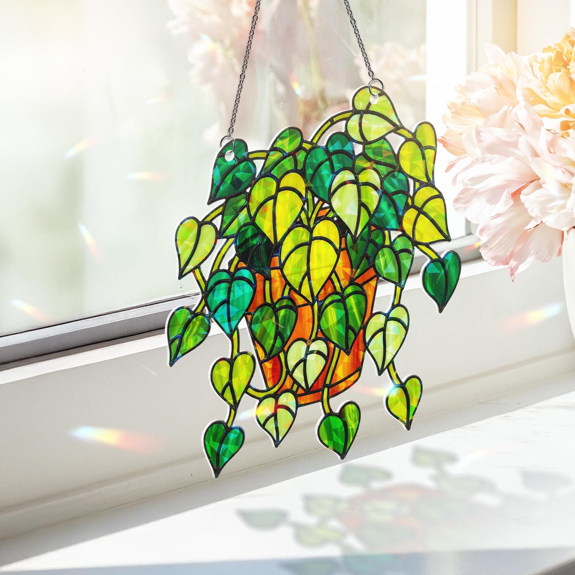 Pothos Plant Hologram Ornament - Heart Leaf Vine Window Decor for Plant Lovers, Botanical Theme Home Art Decor for Indoor Garden Lovers