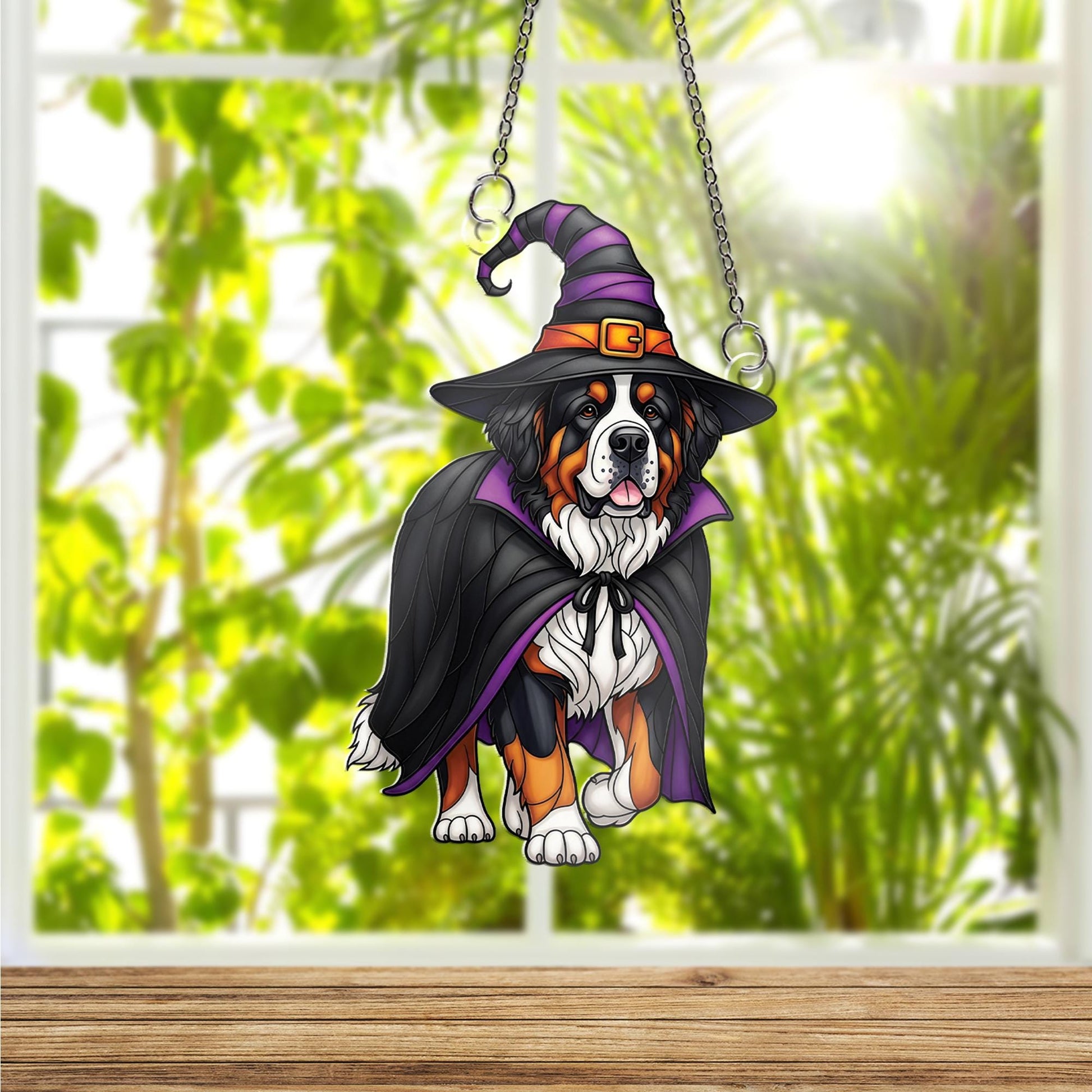 Halloween Bernese Mountain Dog Witch Window Hanging – Cute Spooky Dog Suncatcher, Fall Pet Lover Home Decor, Witch Dog Ornament