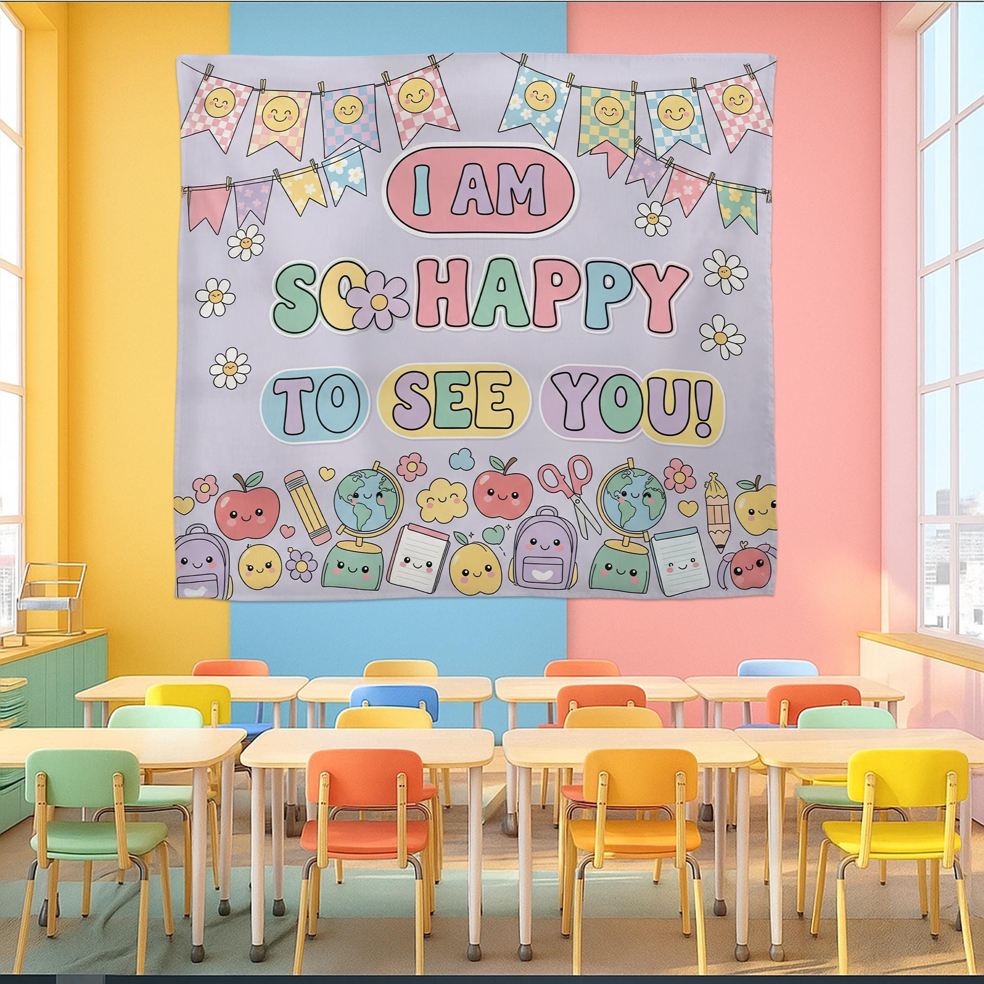 I Am So Happy To See You Garden Flag Tapestry, Cute Welcome Yard Banner, Kawaii Classroom Wall Hanging