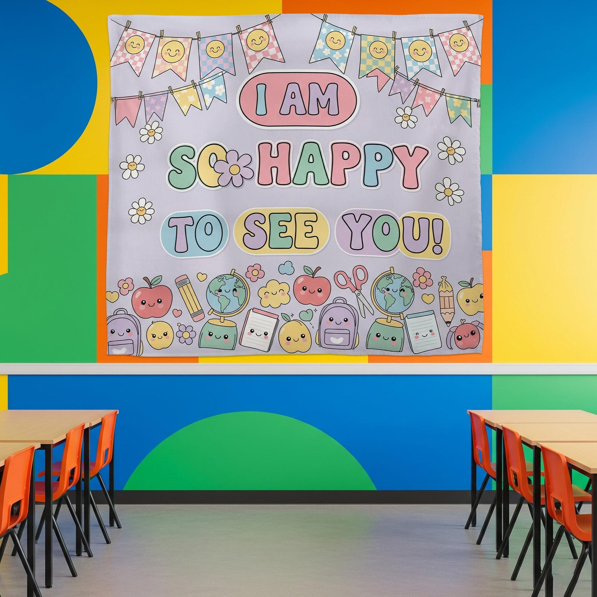 I Am So Happy To See You Garden Flag Tapestry, Cute Welcome Yard Banner, Kawaii Classroom Wall Hanging