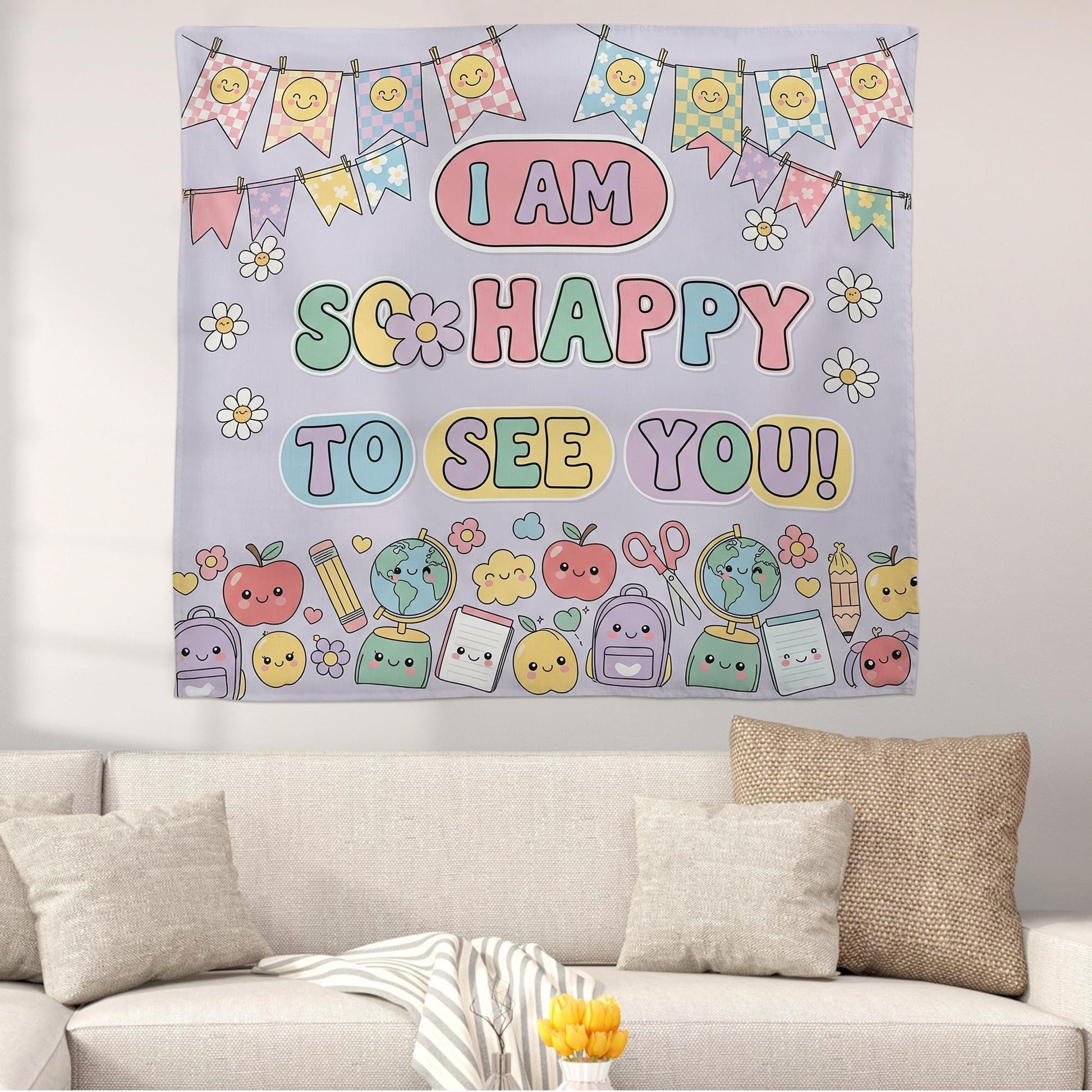 I Am So Happy To See You Garden Flag Tapestry, Cute Welcome Yard Banner, Kawaii Classroom Wall Hanging