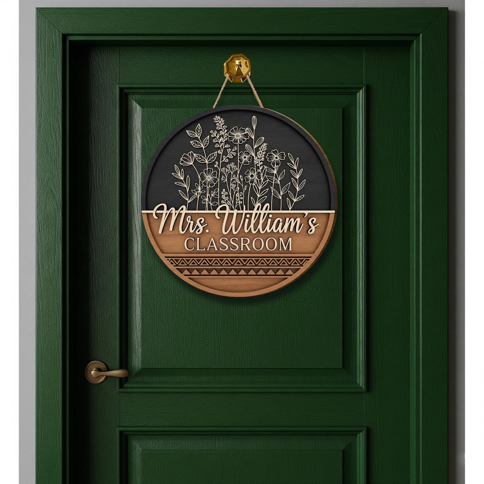 Personalized Teacher Classroom Sign, Teacher Wood Door Hanger, Floral Welcome Door Decor for Classroom
