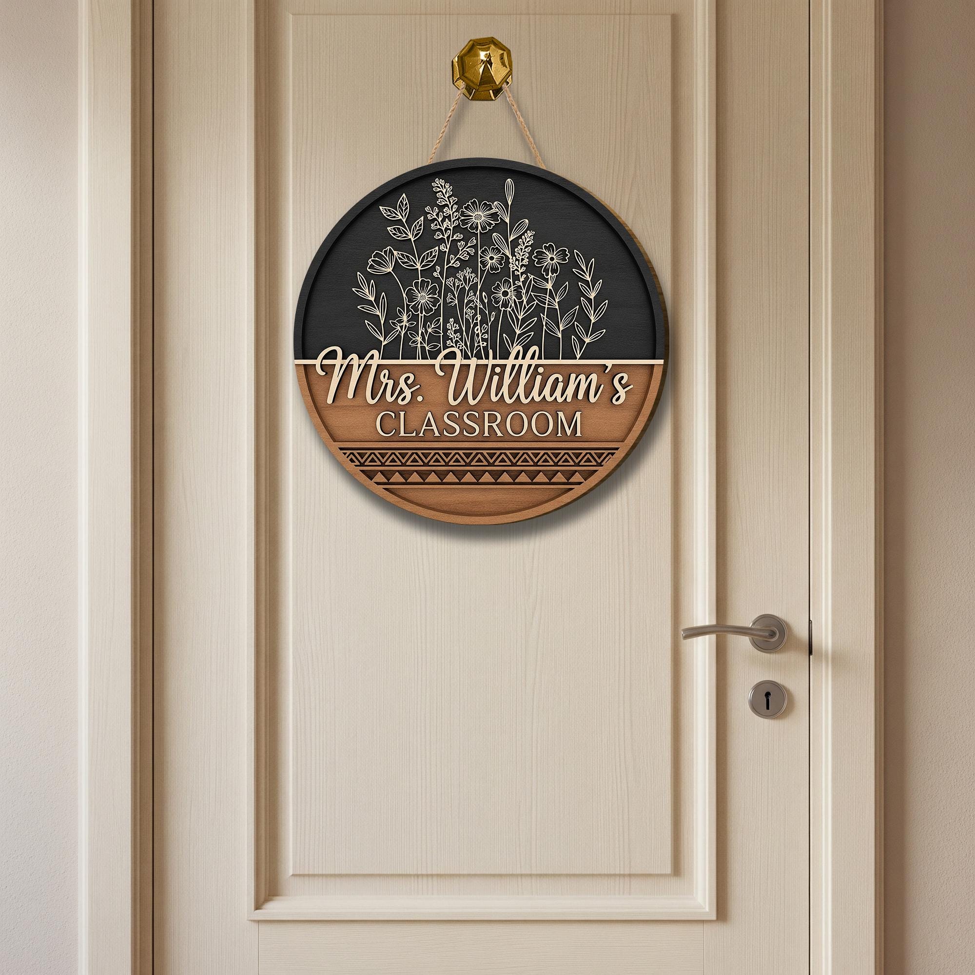 Personalized Teacher Classroom Sign, Teacher Wood Door Hanger, Floral Welcome Door Decor for Classroom