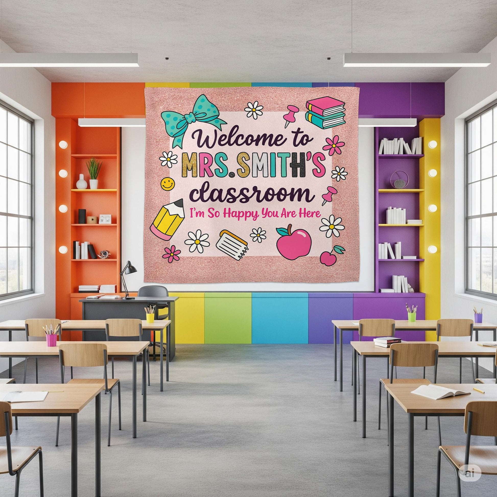 Personalized Teacher Classroom Sign – Welcome Banner for Teachers, Educators – Cute Back to School Wall Decor for Elementary Classroom