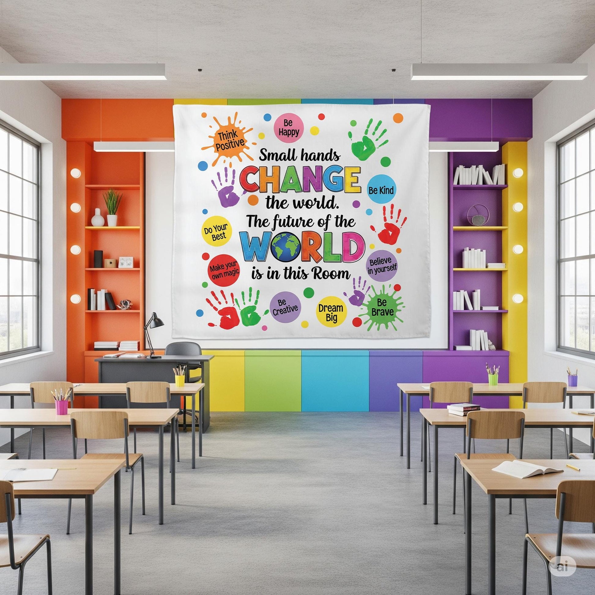 Inspirational Classroom Banner – Small Hands Change the World Wall Decor – Motivational Teacher Poster for Preschool, Elementary, School