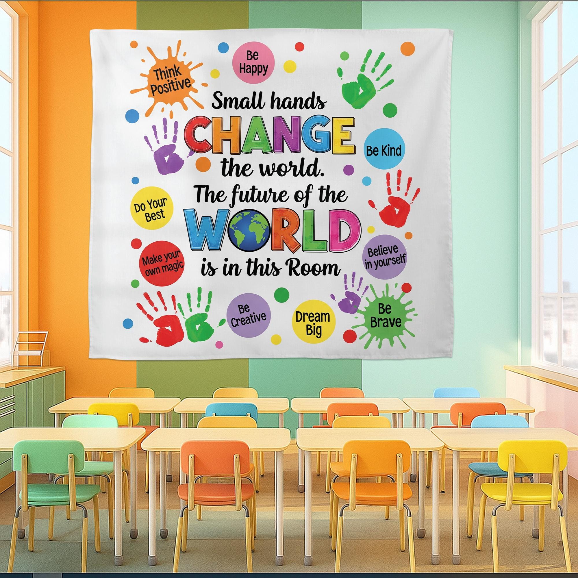 Inspirational Classroom Banner – Small Hands Change the World Wall Decor – Motivational Teacher Poster for Preschool, Elementary, School