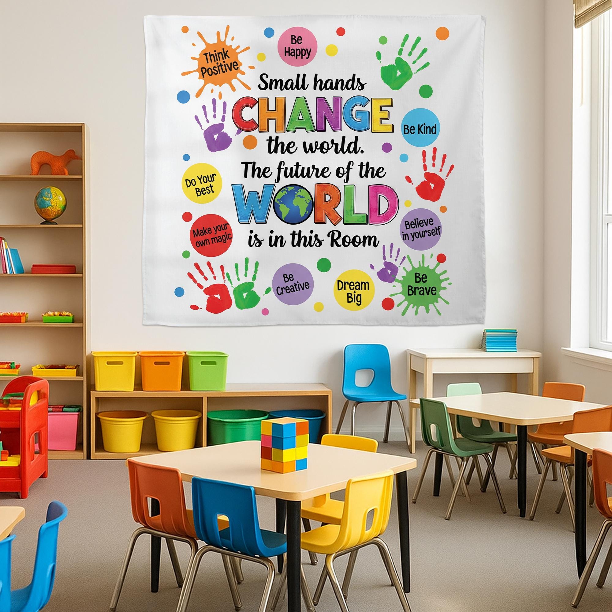 Inspirational Classroom Banner – Small Hands Change the World Wall Decor – Motivational Teacher Poster for Preschool, Elementary, School