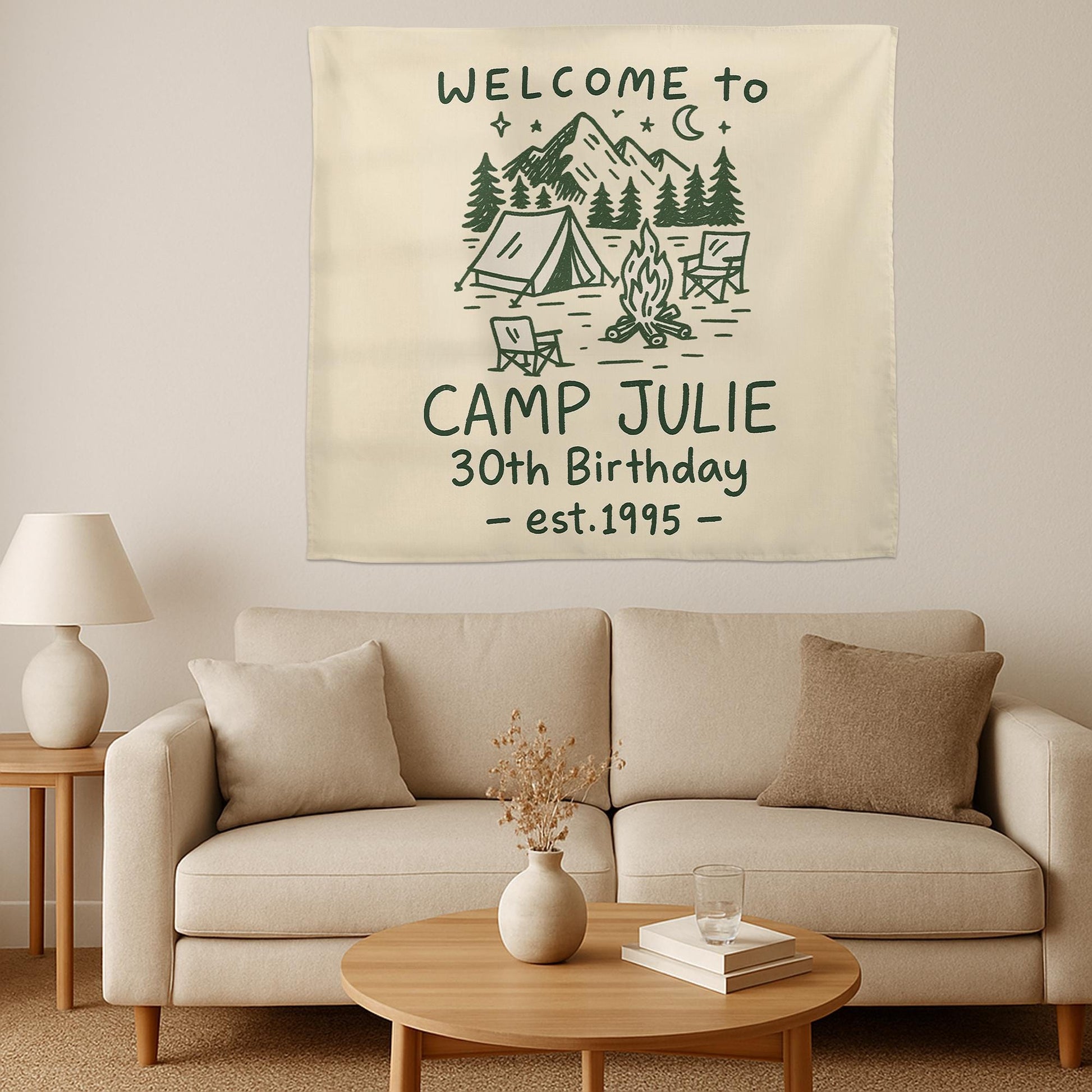 Custom Camp Birthday Tapestry, Camping Party Tapestry, Welcome to Camp Name Sign, Outdoor Birthday Decor, Rustic Tent Theme Backdrop