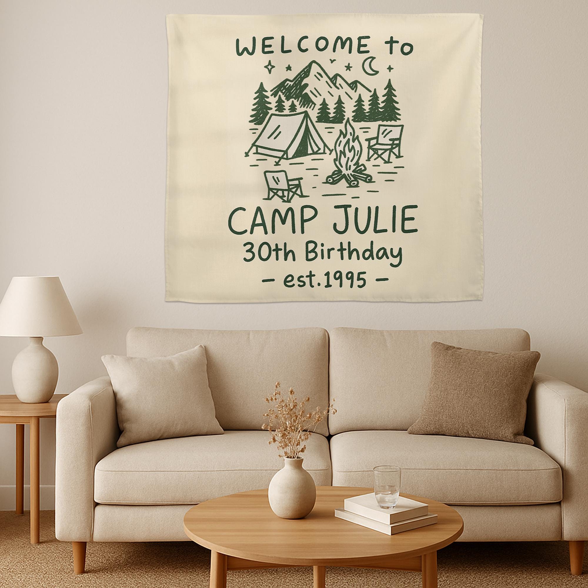 Custom Camp Birthday Tapestry, Camping Party Tapestry, Welcome to Camp Name Sign, Outdoor Birthday Decor, Rustic Tent Theme Backdrop