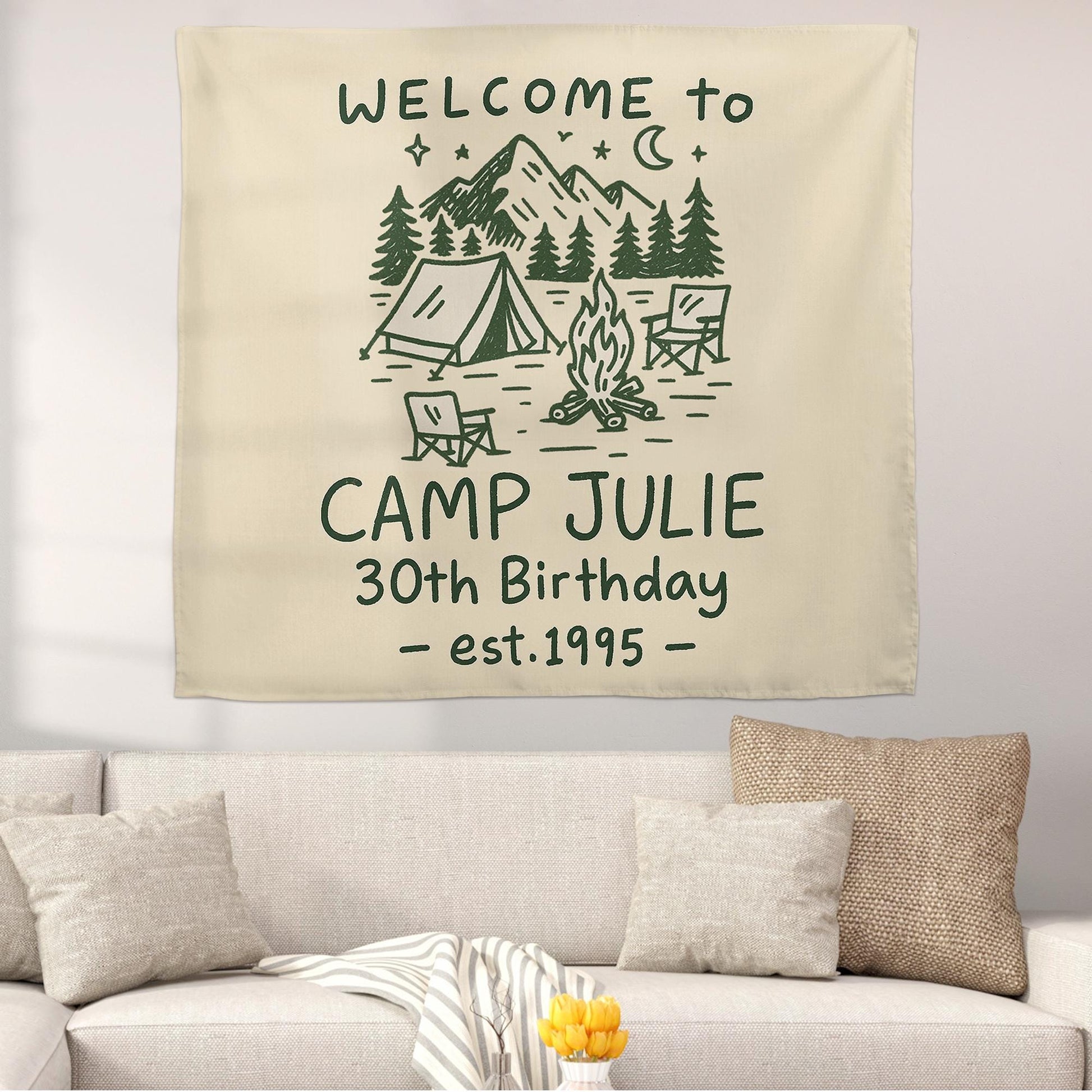 Custom Camp Birthday Tapestry, Camping Party Tapestry, Welcome to Camp Name Sign, Outdoor Birthday Decor, Rustic Tent Theme Backdrop