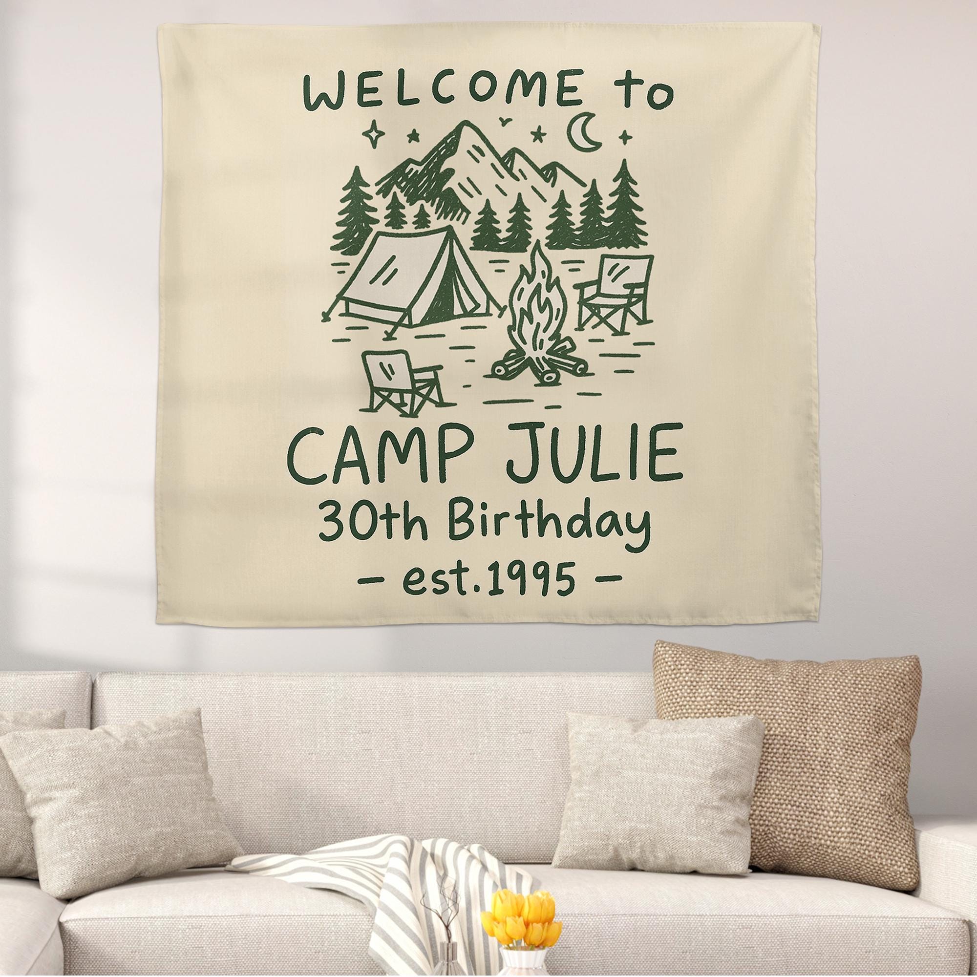 Custom Camp Birthday Tapestry, Camping Party Tapestry, Welcome to Camp Name Sign, Outdoor Birthday Decor, Rustic Tent Theme Backdrop