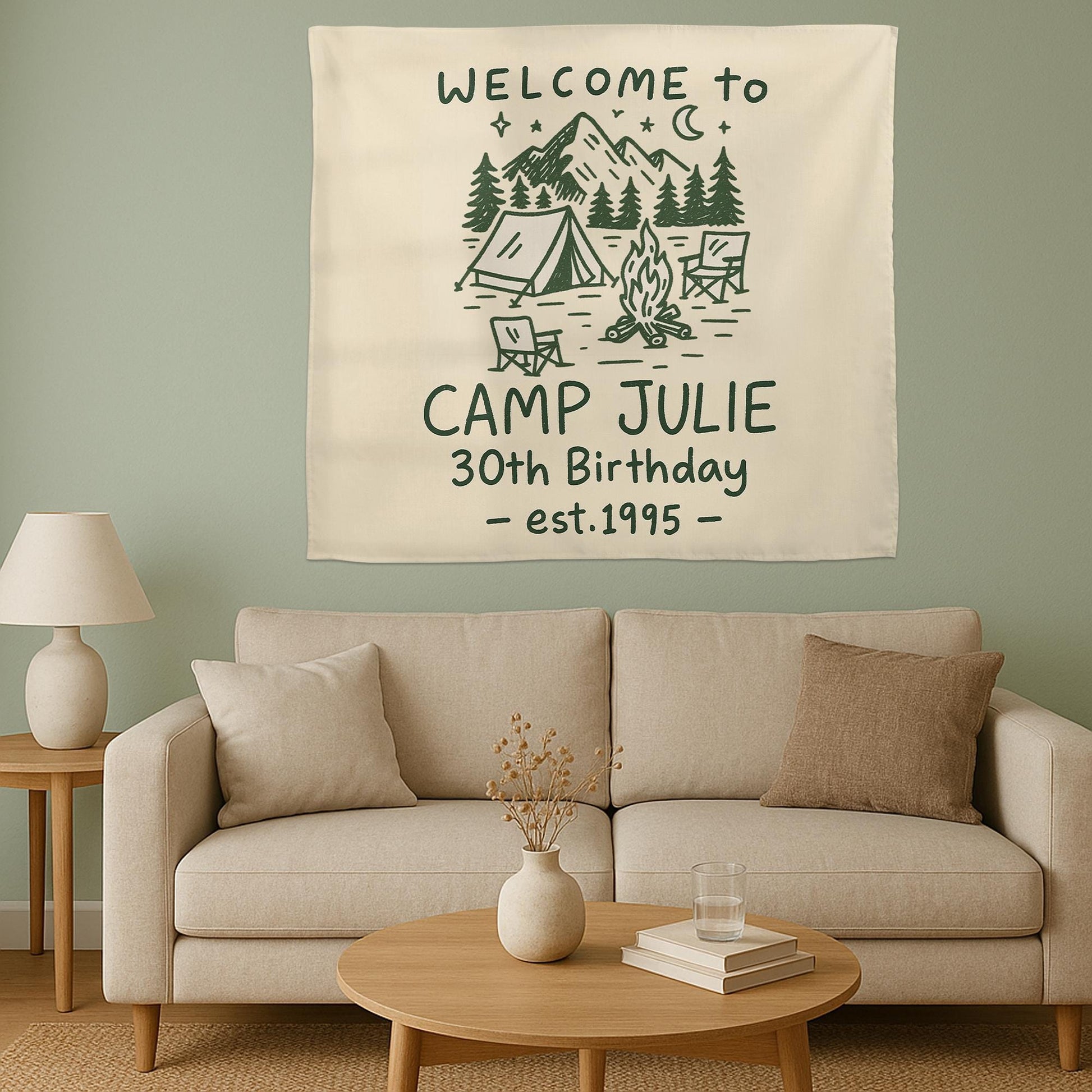 Custom Camp Birthday Tapestry, Camping Party Tapestry, Welcome to Camp Name Sign, Outdoor Birthday Decor, Rustic Tent Theme Backdrop