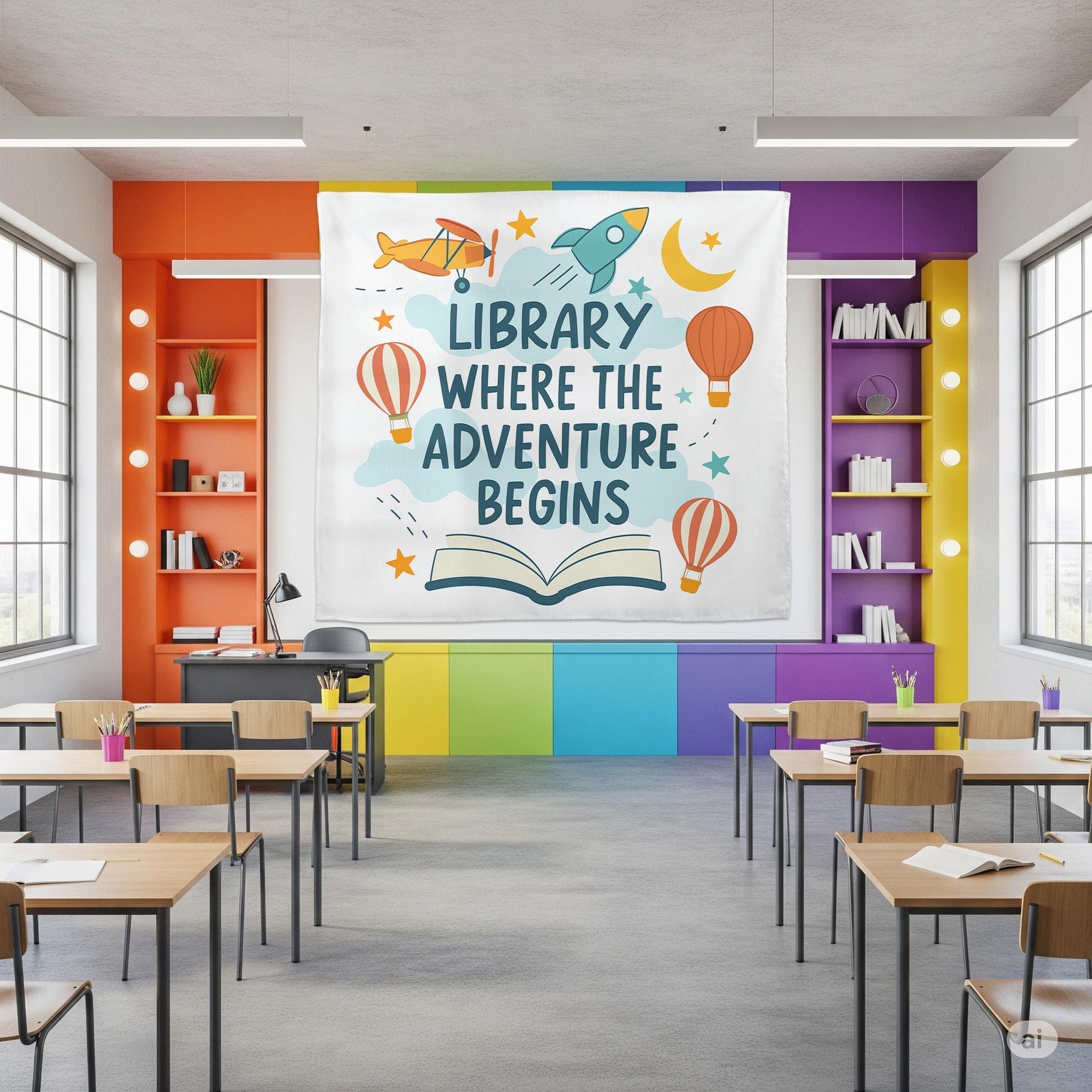 Library Wall Decor Banner – Where the Adventure Begins Sign – Reading Corner Poster for Classroom, School Library, or Book Nook