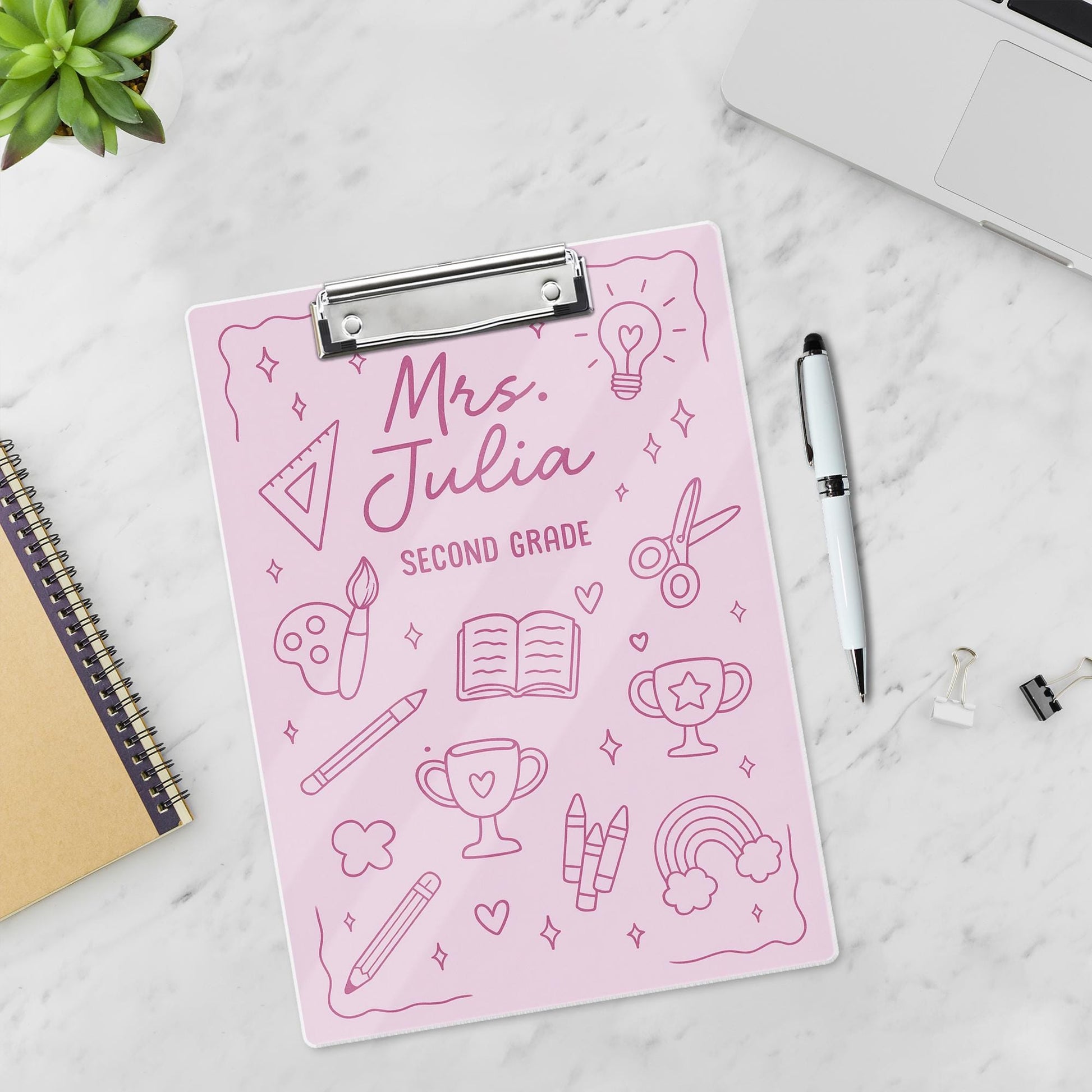 Personalized Teacher Clipboard, Custom Name - Grade, Pink School Supplies Design for Classroom or Teacher Appreciation Gift, Back To School