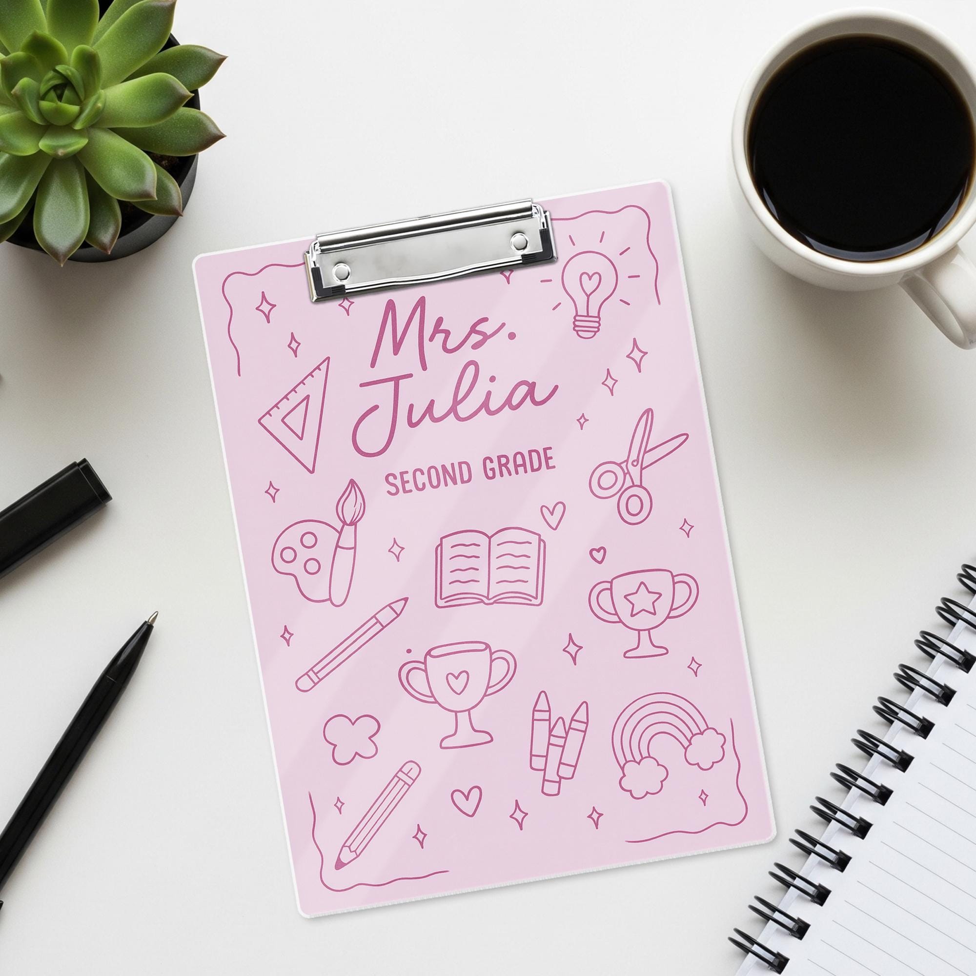 Personalized Teacher Clipboard, Custom Name - Grade, Pink School Supplies Design for Classroom or Teacher Appreciation Gift, Back To School