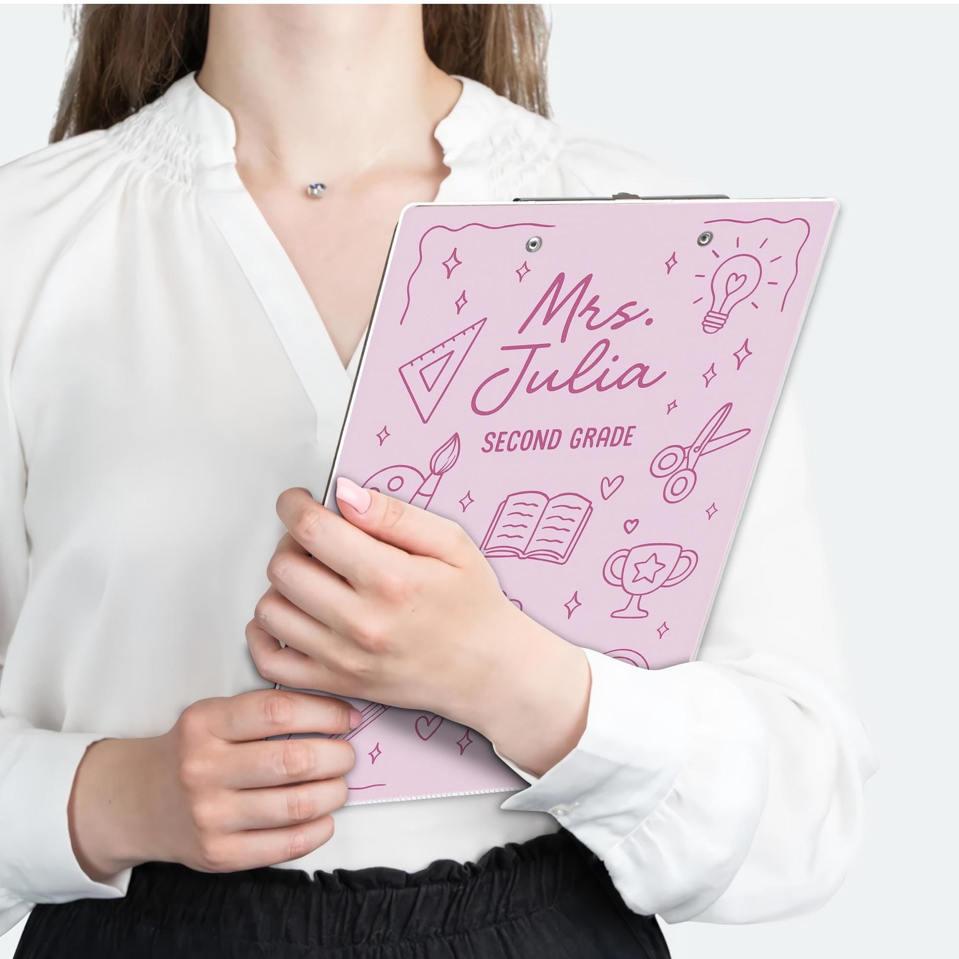 Personalized Teacher Clipboard, Custom Name - Grade, Pink School Supplies Design for Classroom or Teacher Appreciation Gift, Back To School