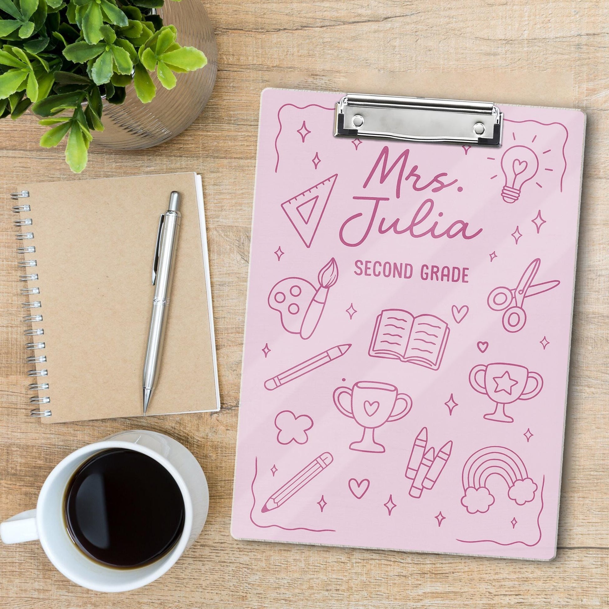 Personalized Teacher Clipboard, Custom Name - Grade, Pink School Supplies Design for Classroom or Teacher Appreciation Gift, Back To School