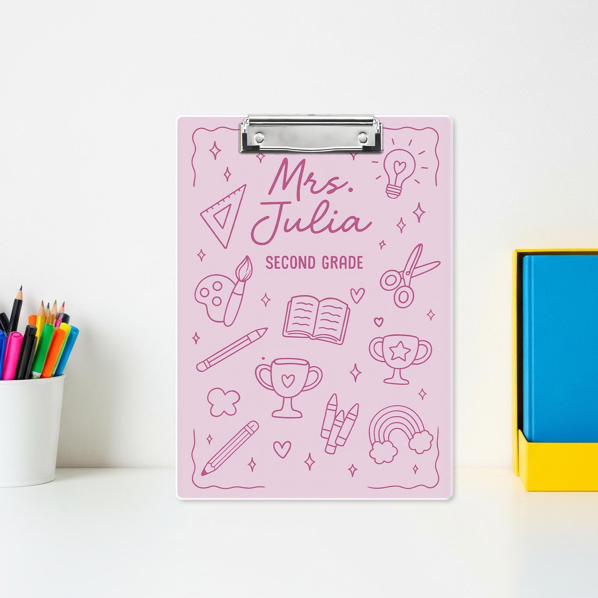Personalized Teacher Clipboard, Custom Name - Grade, Pink School Supplies Design for Classroom or Teacher Appreciation Gift, Back To School