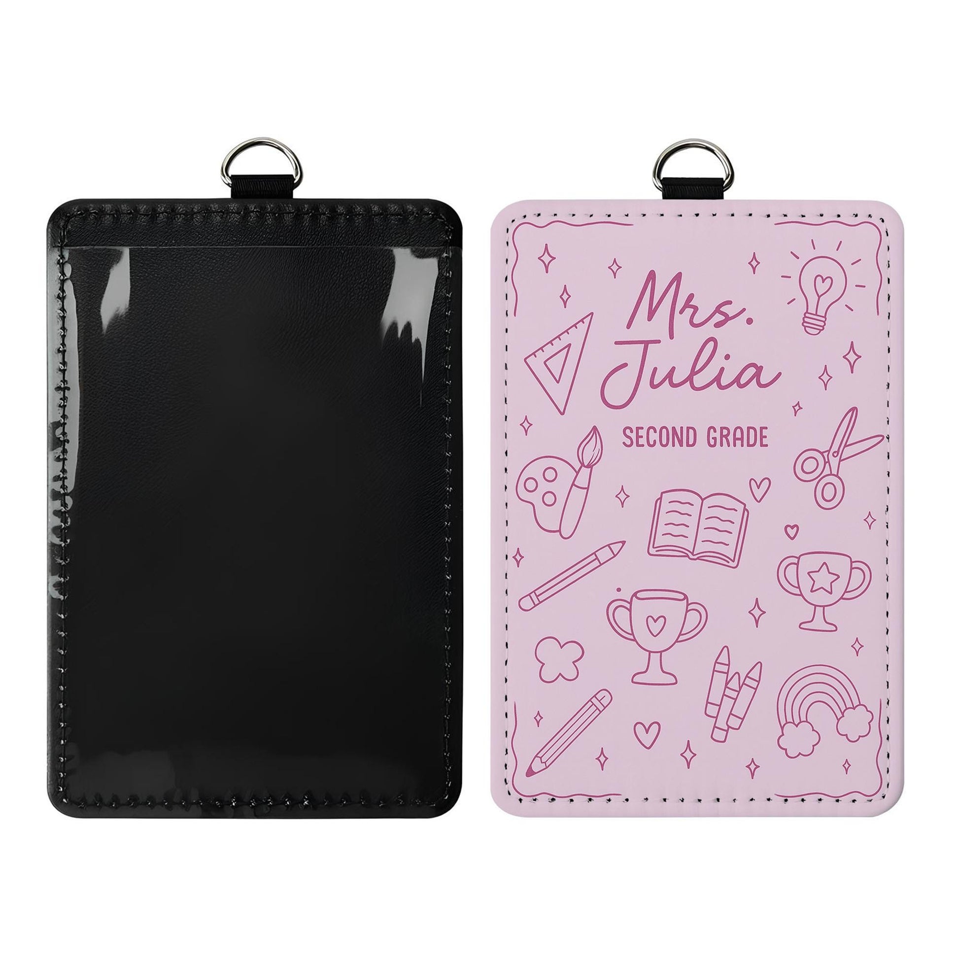 Personalized Teacher Badge Holder – Custom Name, Grade ID Holder for Teachers – Cute Pink School Icons Design for Classroom or Gifts