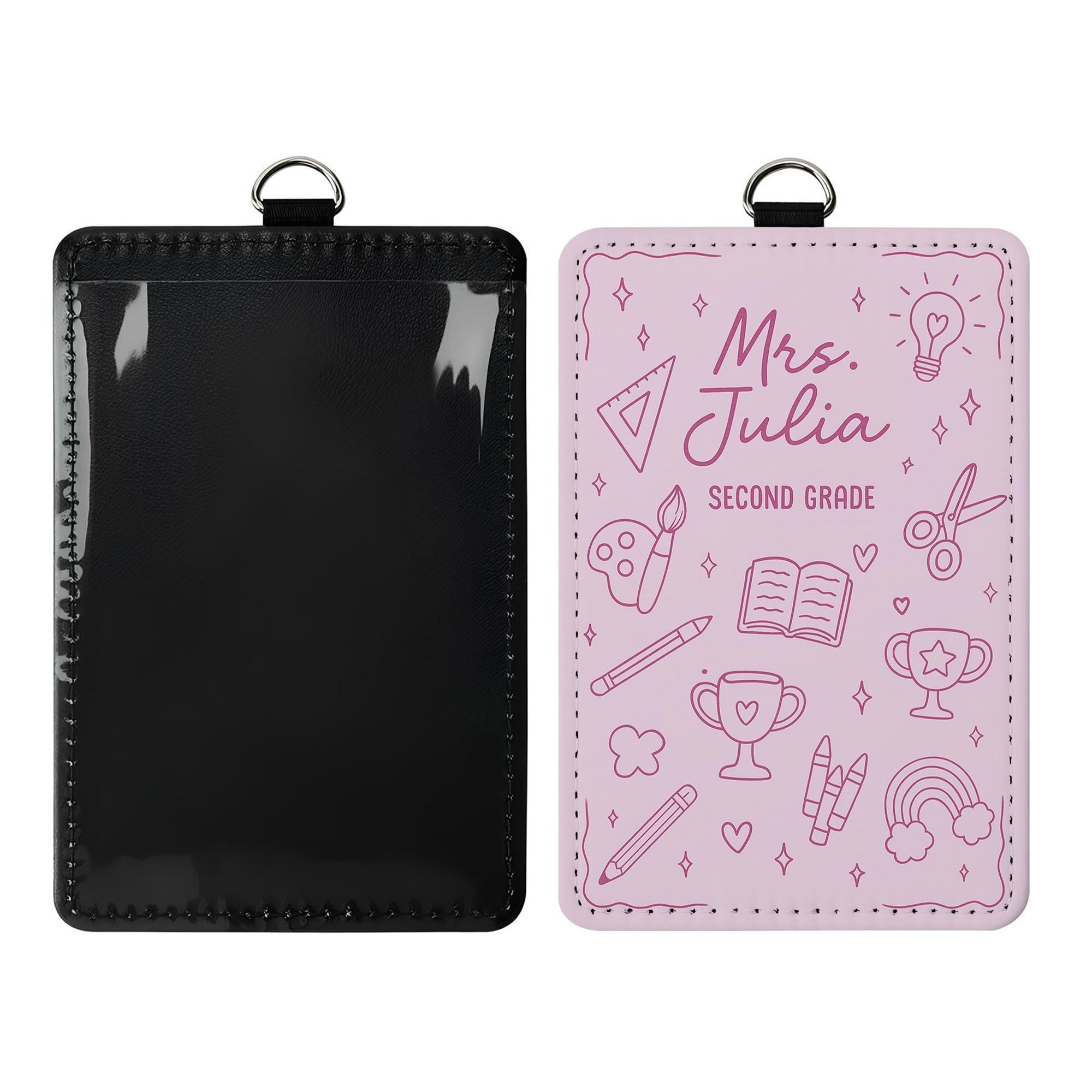 Personalized Teacher Badge Holder – Custom Name, Grade ID Holder for Teachers – Cute Pink School Icons Design for Classroom or Gifts