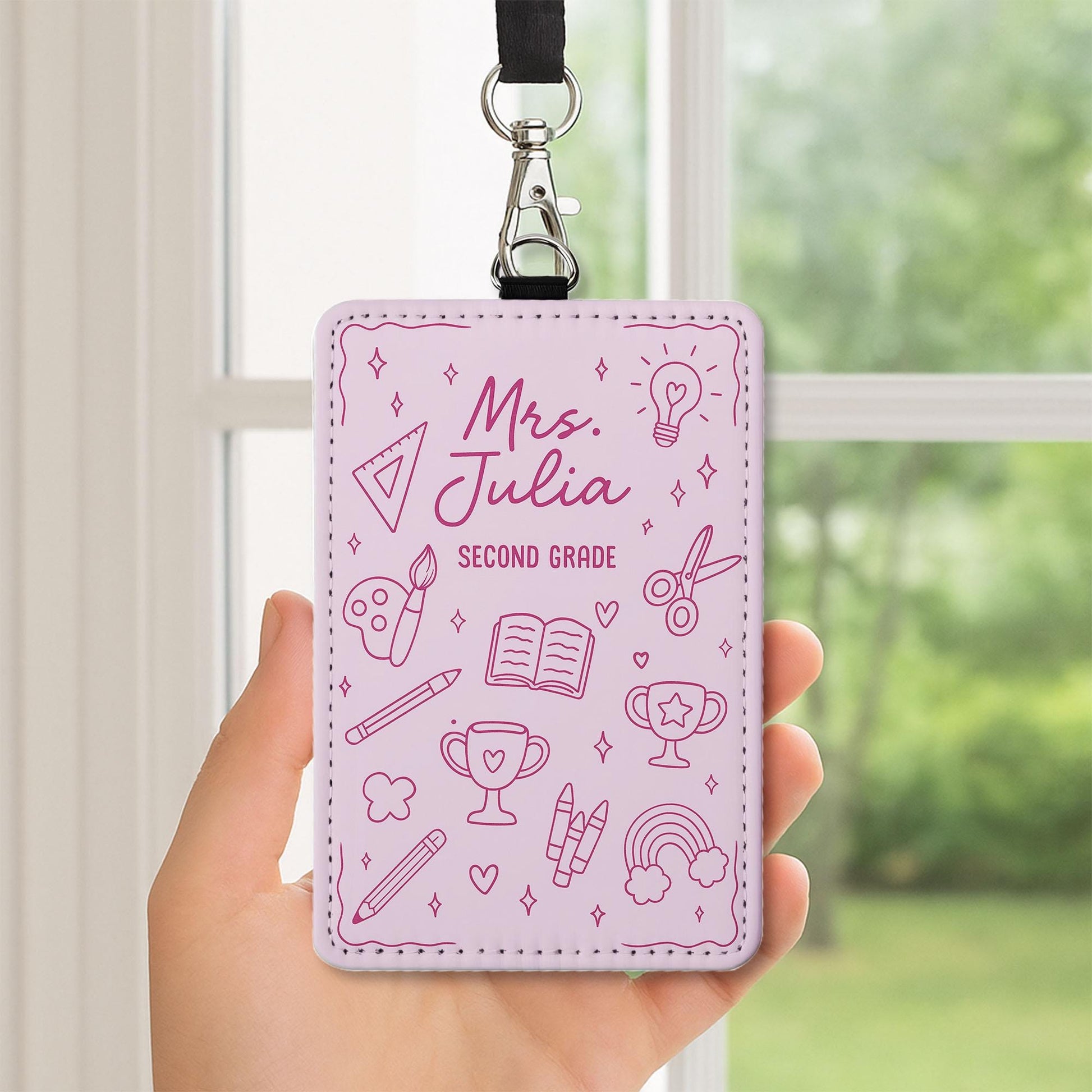 Personalized Teacher Badge Holder – Custom Name, Grade ID Holder for Teachers – Cute Pink School Icons Design for Classroom or Gifts