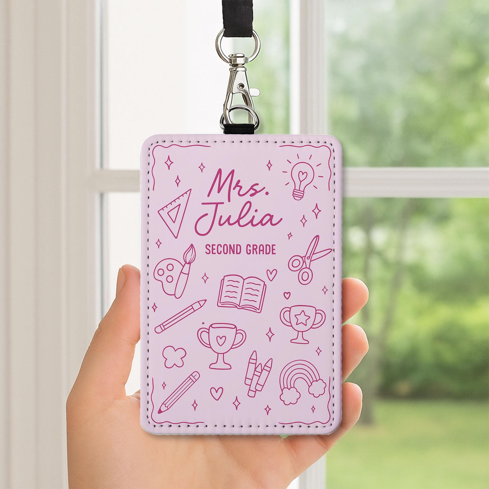 Personalized Teacher Badge Holder – Custom Name, Grade ID Holder for Teachers – Cute Pink School Icons Design for Classroom or Gifts