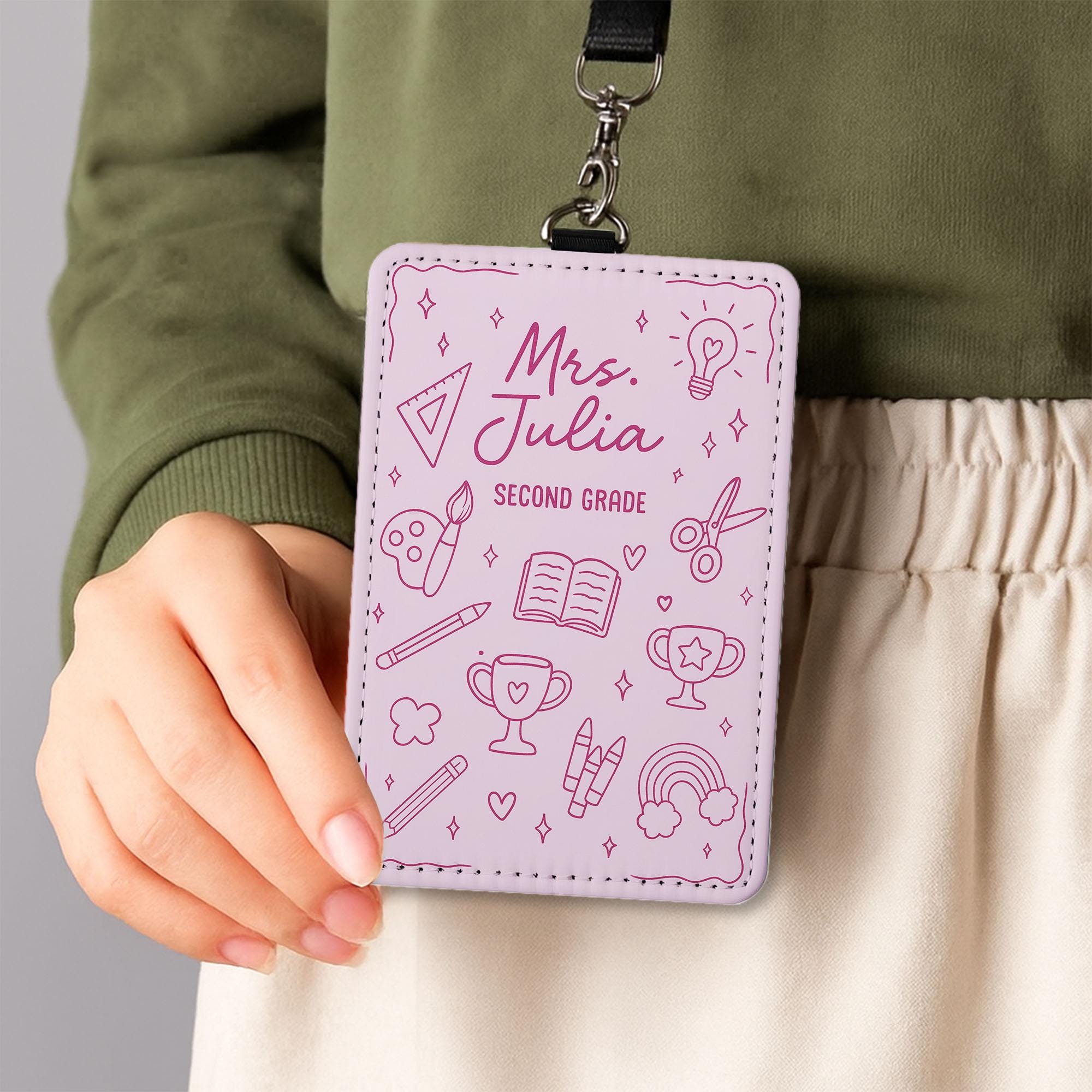 Personalized Teacher Badge Holder – Custom Name, Grade ID Holder for Teachers – Cute Pink School Icons Design for Classroom or Gifts
