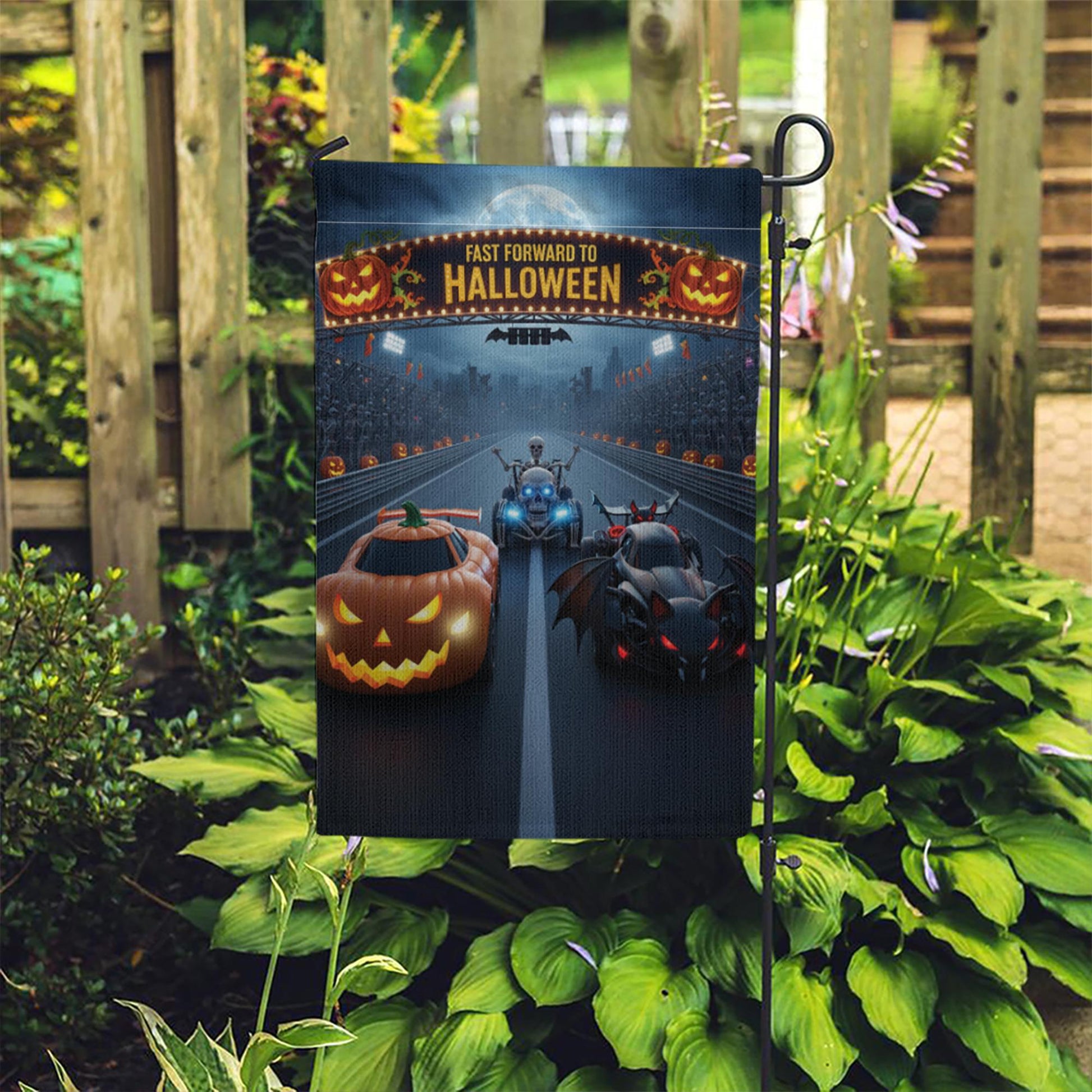 Halloween Racing Garden Flag - Fast Forward to Halloween Banner - Pumpkin & Bat Car Yard Decor - Spooky Outdoor Fall Decoration