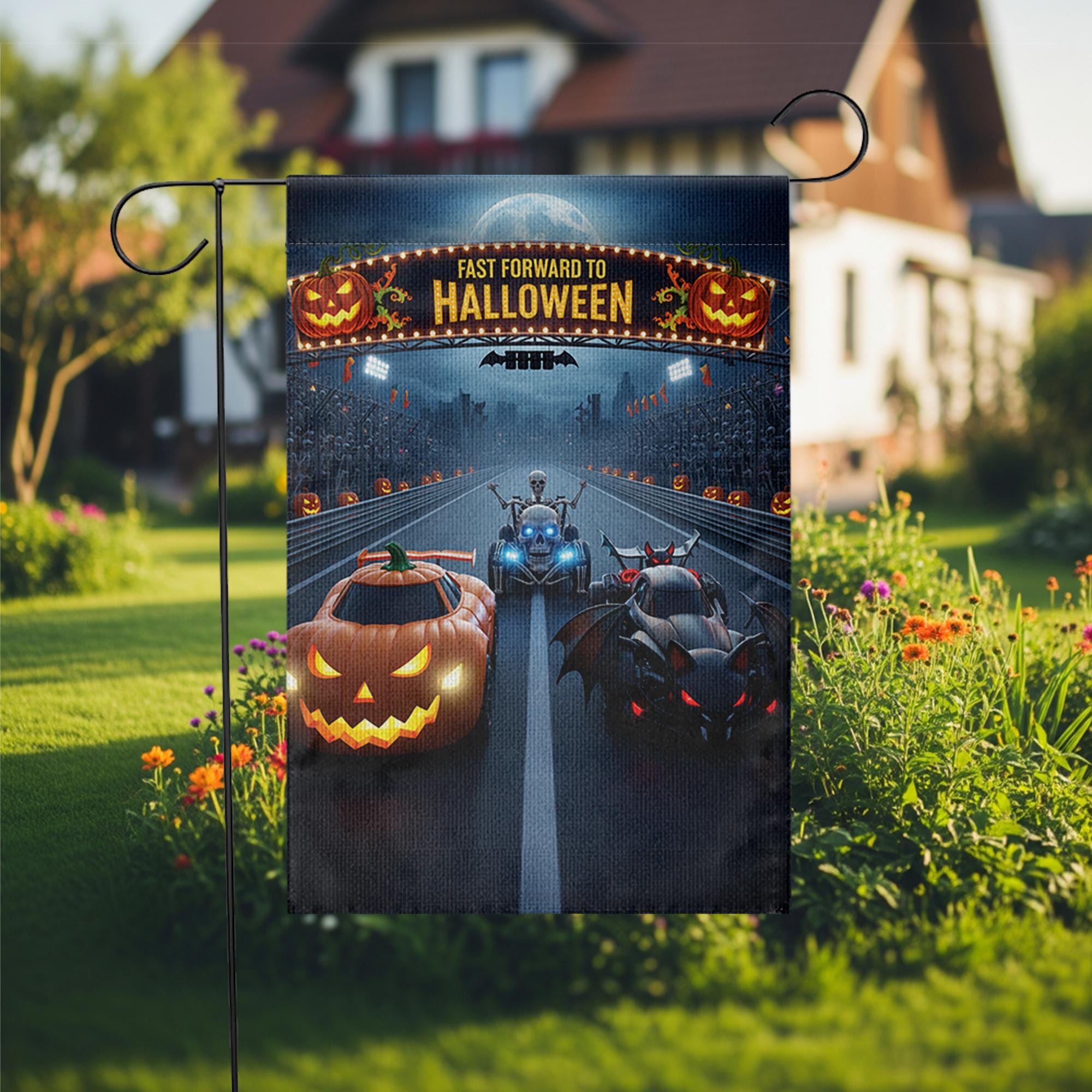 Halloween Racing Garden Flag - Fast Forward to Halloween Banner - Pumpkin & Bat Car Yard Decor - Spooky Outdoor Fall Decoration