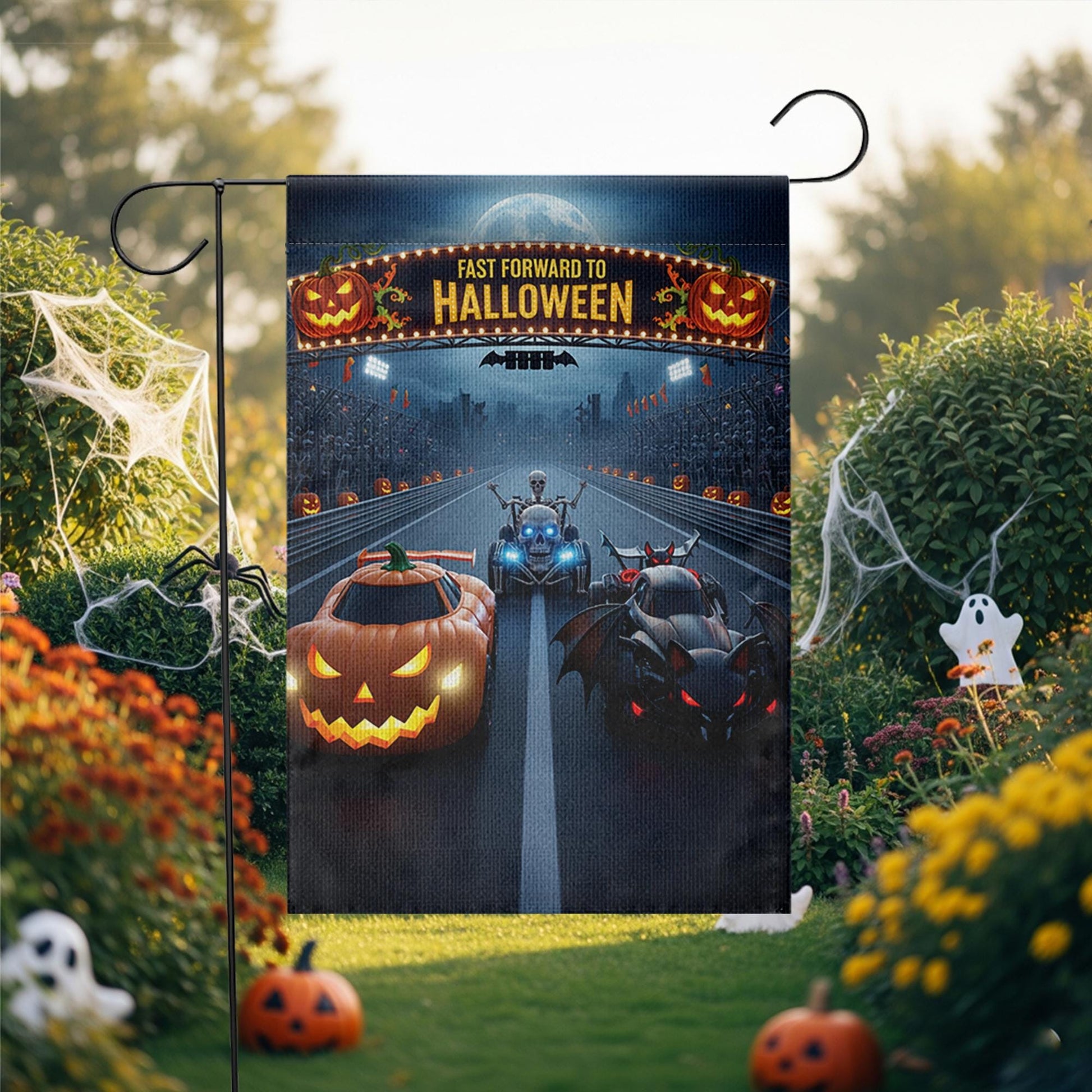 Halloween Racing Garden Flag - Fast Forward to Halloween Banner - Pumpkin & Bat Car Yard Decor - Spooky Outdoor Fall Decoration