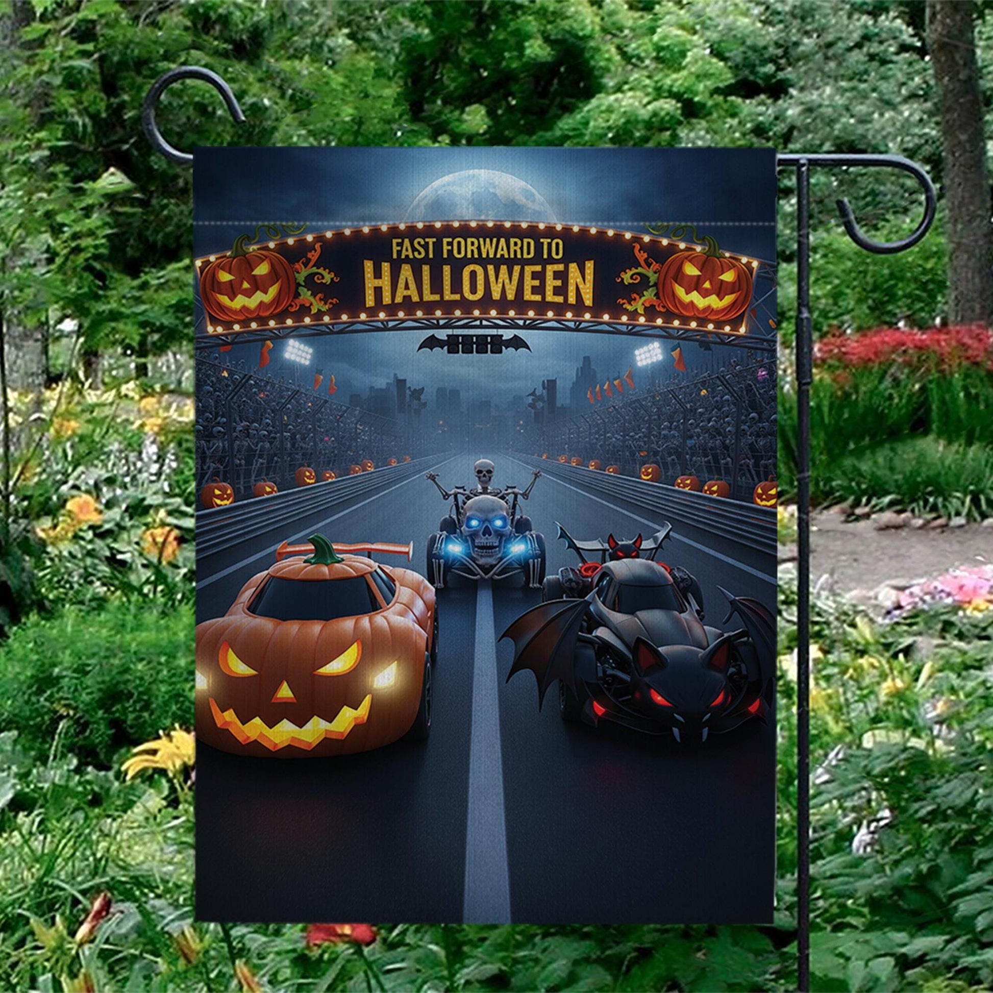 Halloween Racing Garden Flag - Fast Forward to Halloween Banner - Pumpkin & Bat Car Yard Decor - Spooky Outdoor Fall Decoration