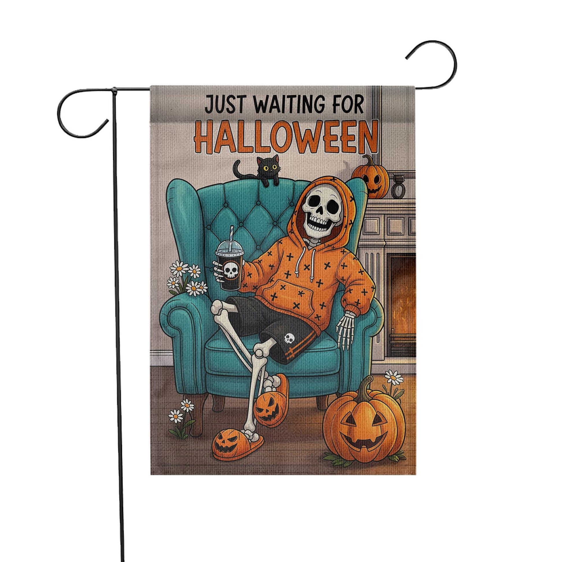 Spooky Skeleton Halloween Garden Flag - Just Waiting for Halloween Yard Decor - Fall Outdoor Decoration - Funny Autumn Banner