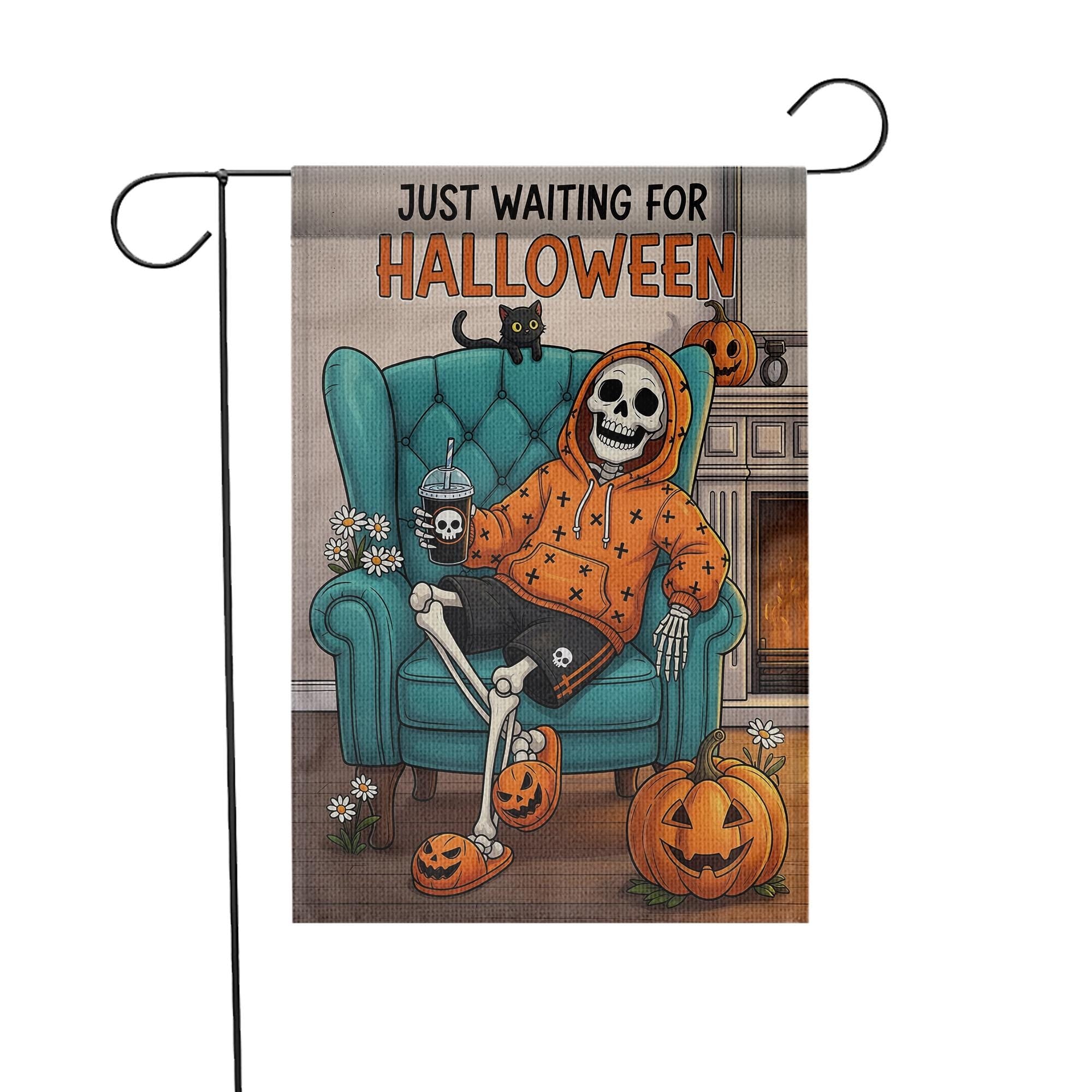 Spooky Skeleton Halloween Garden Flag - Just Waiting for Halloween Yard Decor - Fall Outdoor Decoration - Funny Autumn Banner