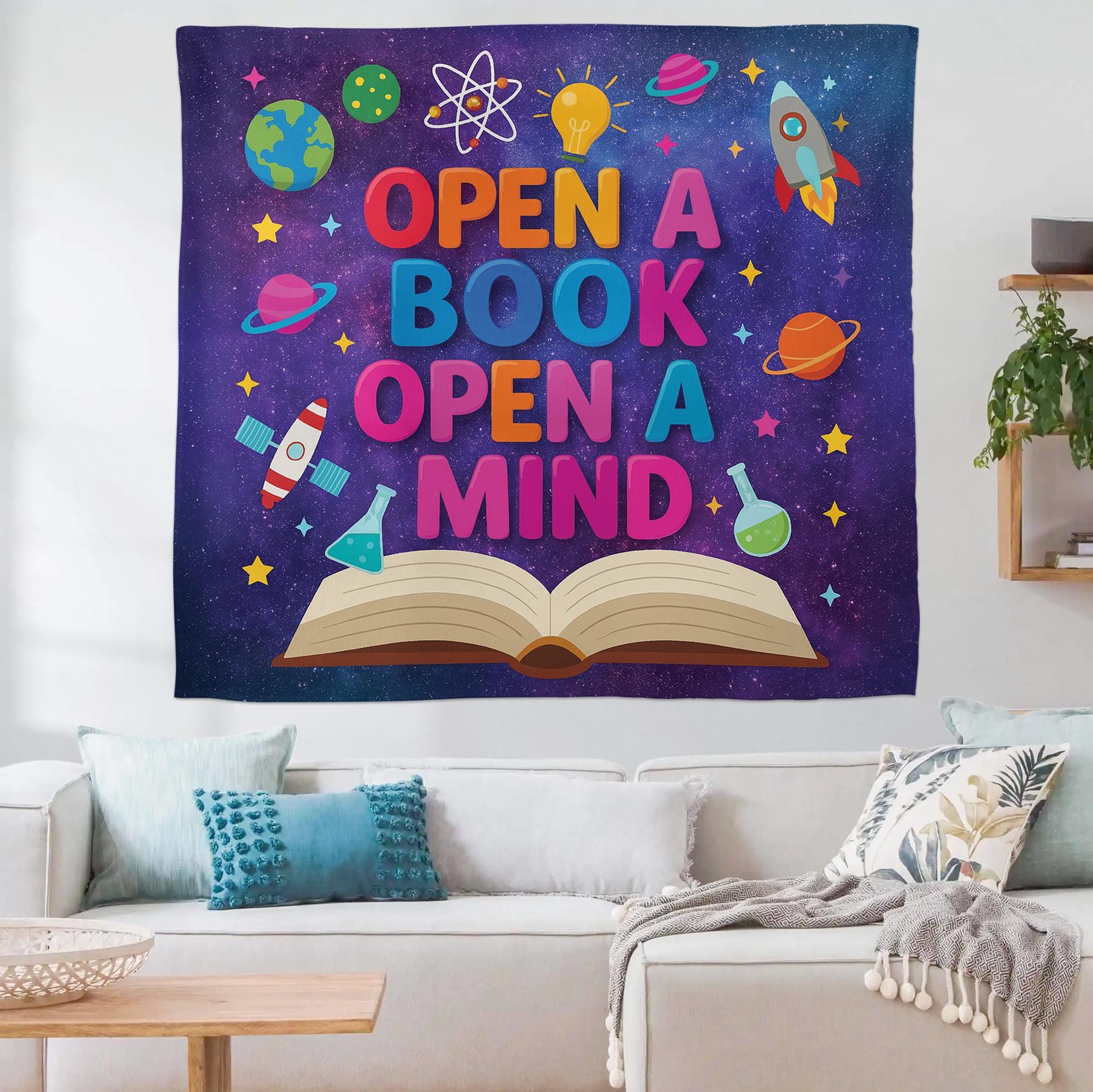 Open a Book Open a Mind Tapestry Banner – Galaxy Theme Library Wall Decor, Classroom Reading Poster for Kids, Teachers, Book Corners, School