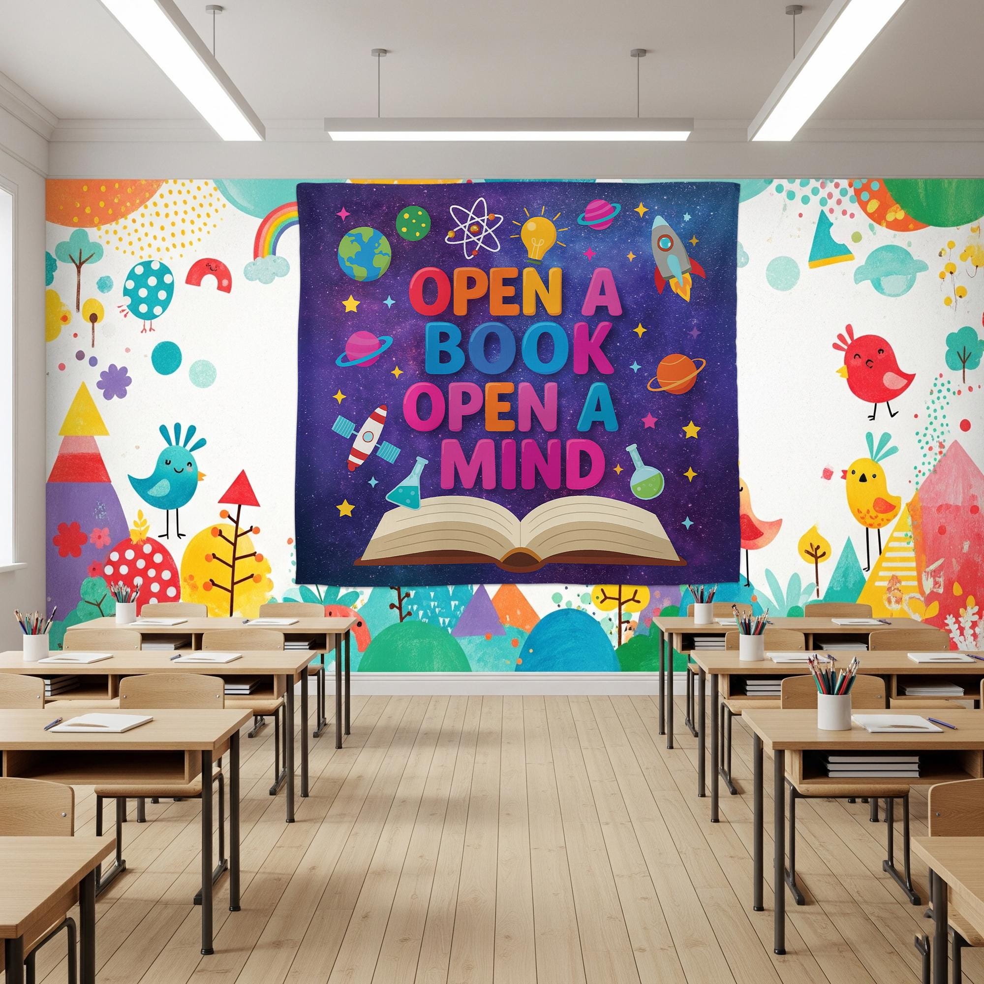 Open a Book Open a Mind Tapestry Banner – Galaxy Theme Library Wall Decor, Classroom Reading Poster for Kids, Teachers, Book Corners, School