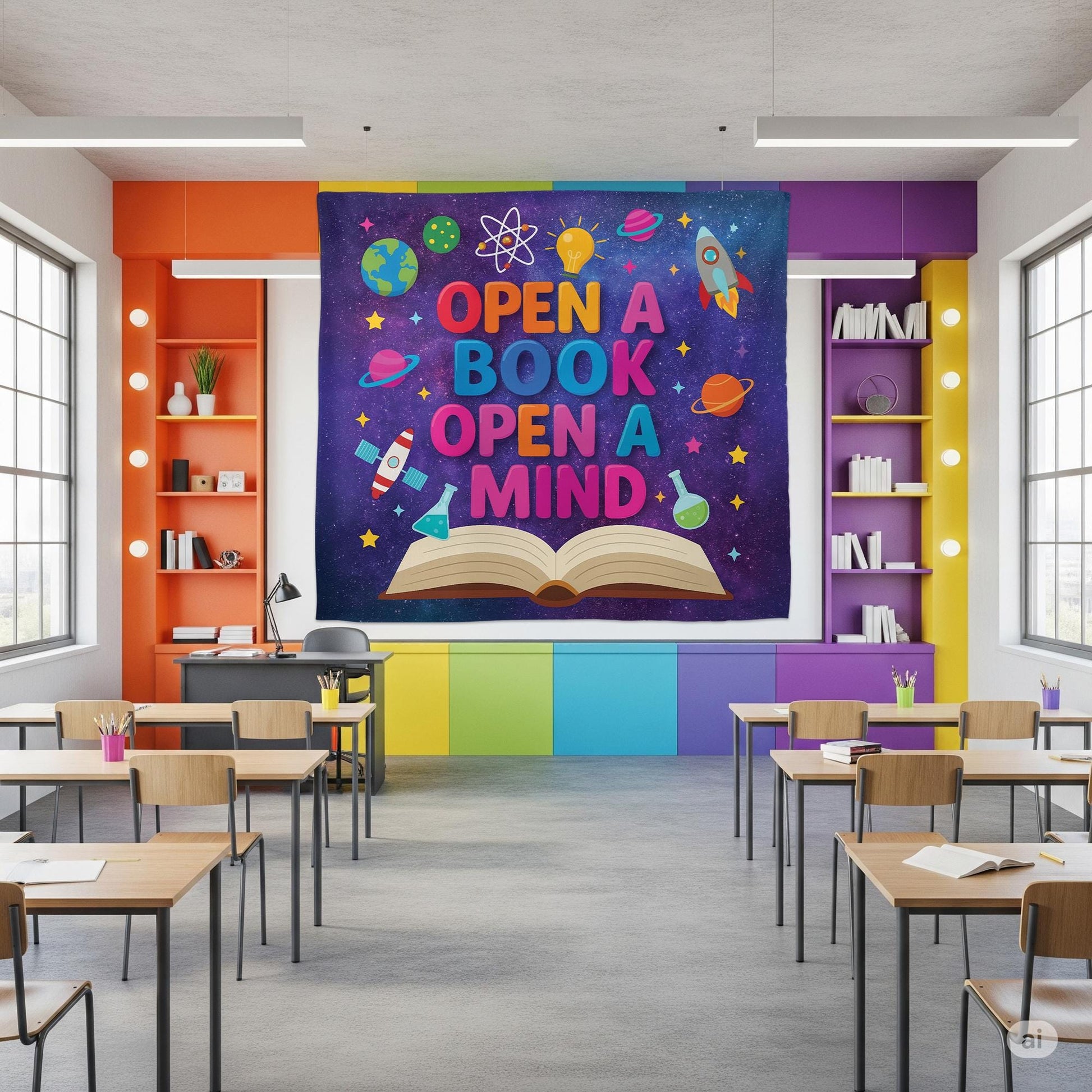 Open a Book Open a Mind Tapestry Banner – Galaxy Theme Library Wall Decor, Classroom Reading Poster for Kids, Teachers, Book Corners, School