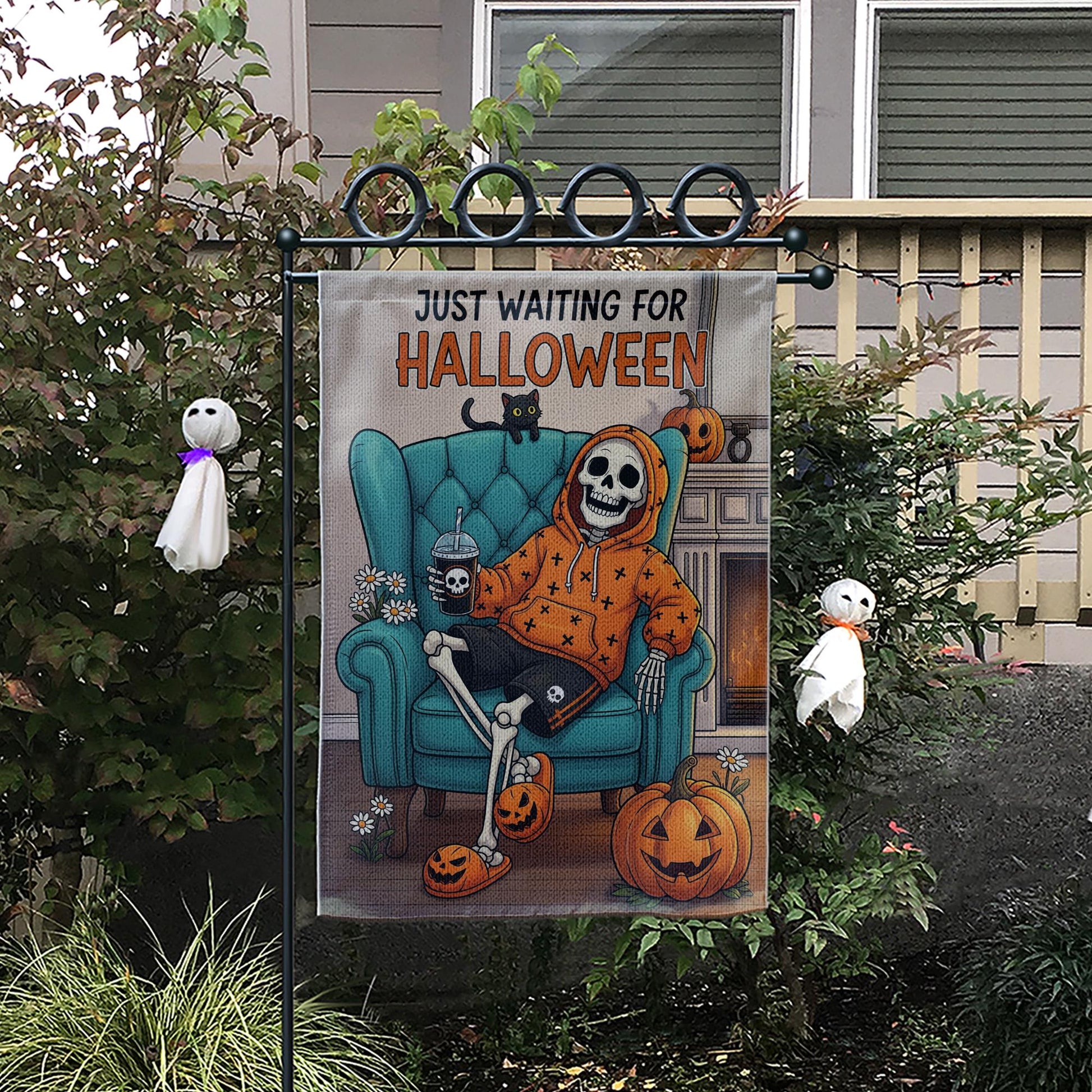 Spooky Skeleton Halloween Garden Flag - Just Waiting for Halloween Yard Decor - Fall Outdoor Decoration - Funny Autumn Banner