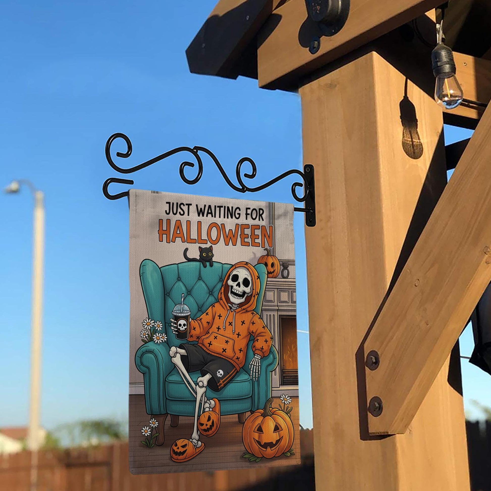 Spooky Skeleton Halloween Garden Flag - Just Waiting for Halloween Yard Decor - Fall Outdoor Decoration - Funny Autumn Banner