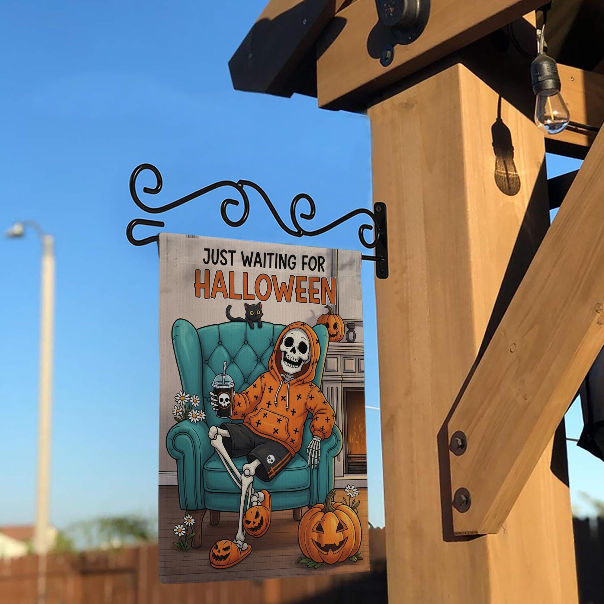 Spooky Skeleton Halloween Garden Flag - Just Waiting for Halloween Yard Decor - Fall Outdoor Decoration - Funny Autumn Banner