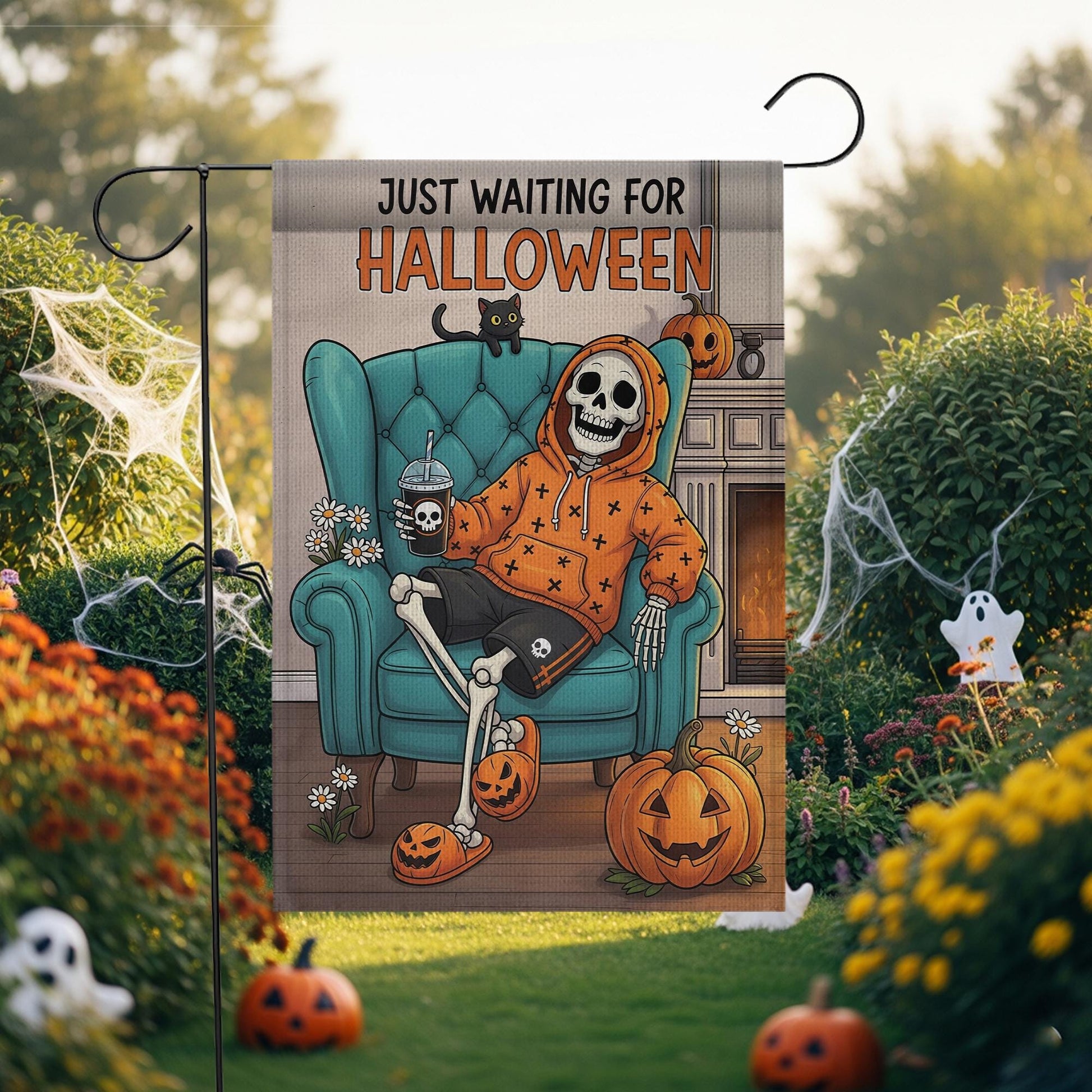 Spooky Skeleton Halloween Garden Flag - Just Waiting for Halloween Yard Decor - Fall Outdoor Decoration - Funny Autumn Banner