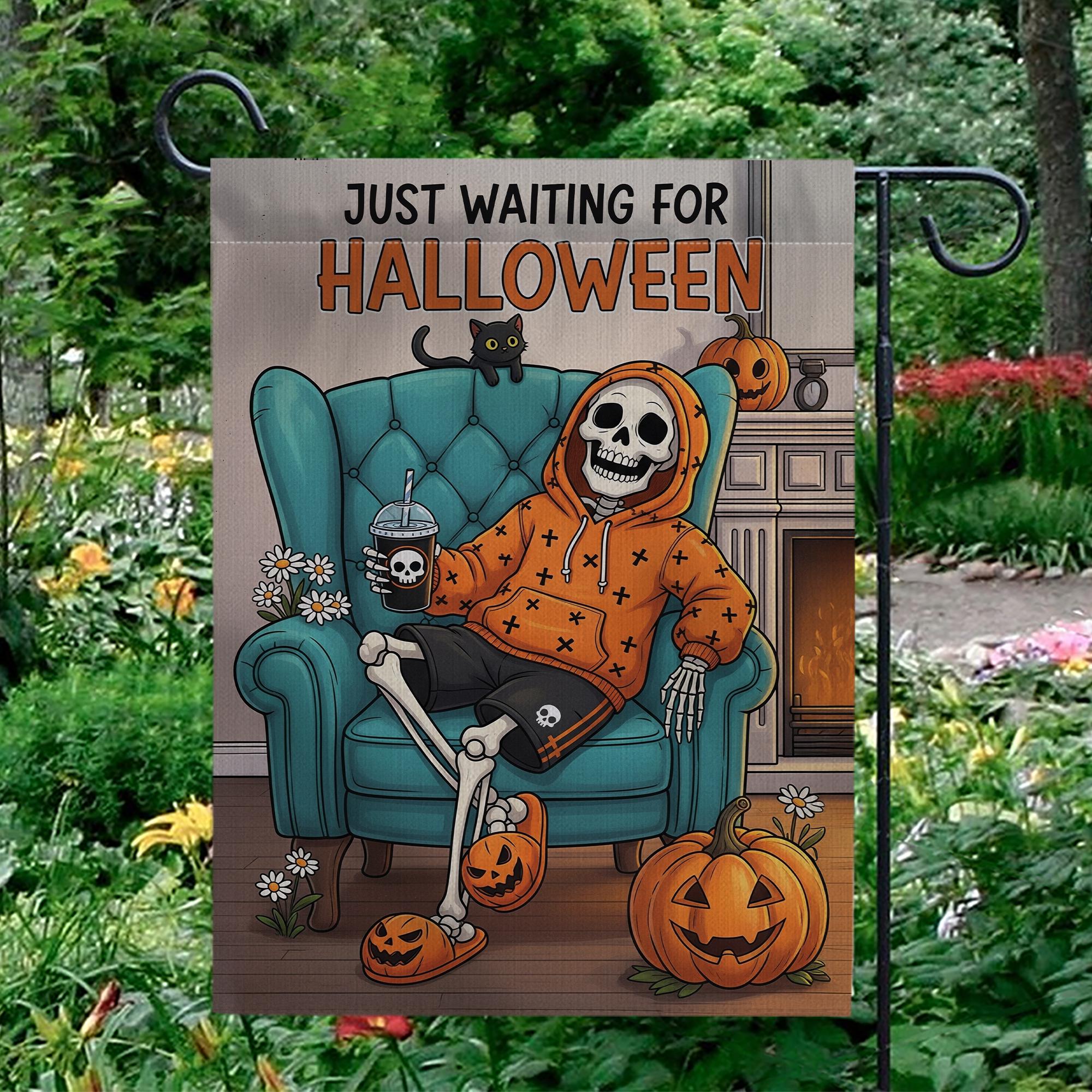 Spooky Skeleton Halloween Garden Flag - Just Waiting for Halloween Yard Decor - Fall Outdoor Decoration - Funny Autumn Banner
