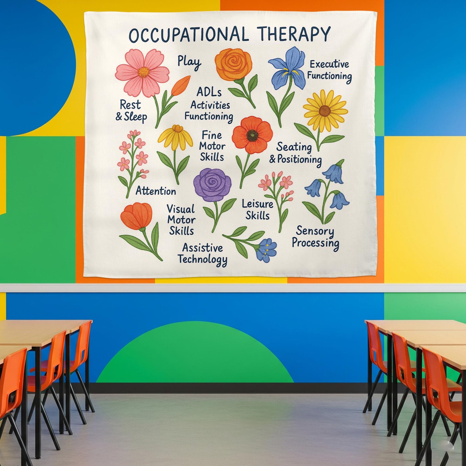 Occupational Therapy Tapestry, OT Office Wall Art, Colorful Therapist Decor, Educational Flower Poster, Pediatric OT Gift